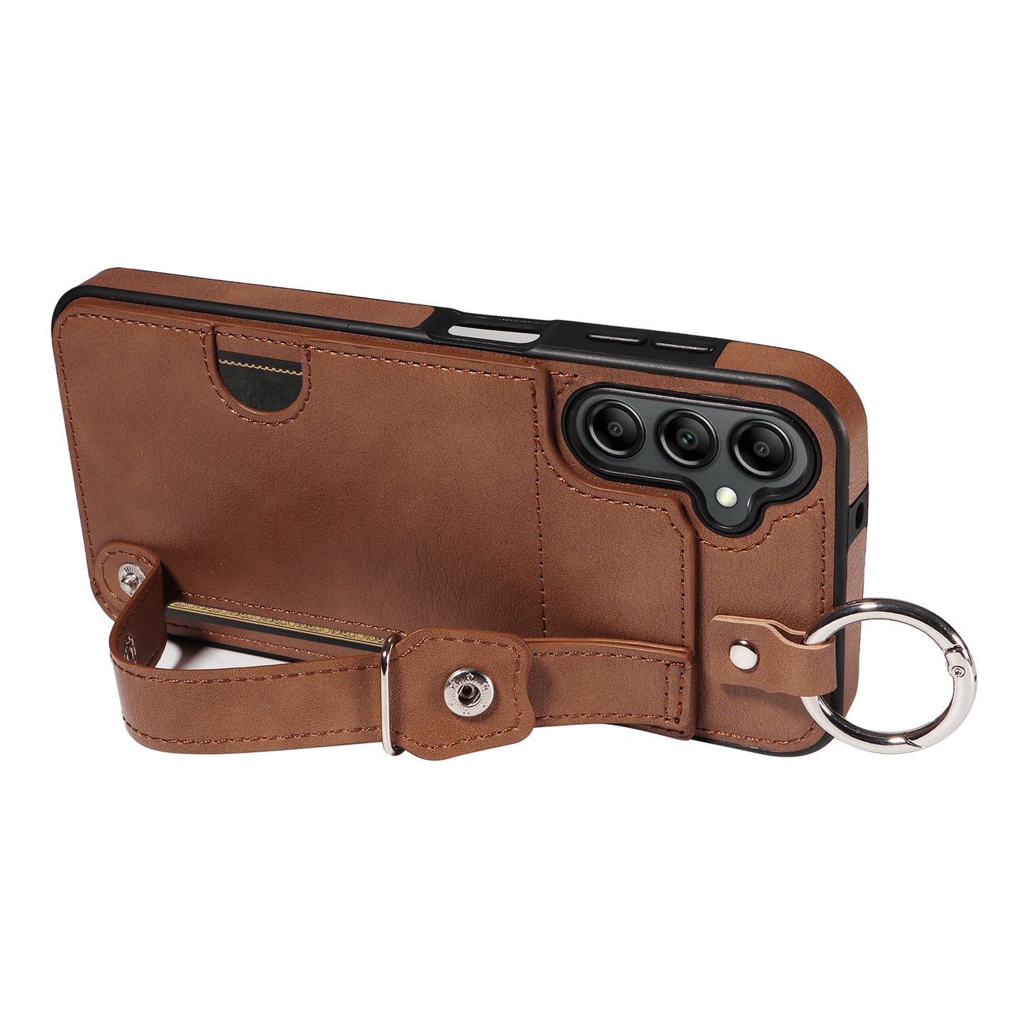 008 For Samsung Galaxy A14 5G / 4G Case Kickstand Leather TPU Phone Cover with Wrist Strap - Brown