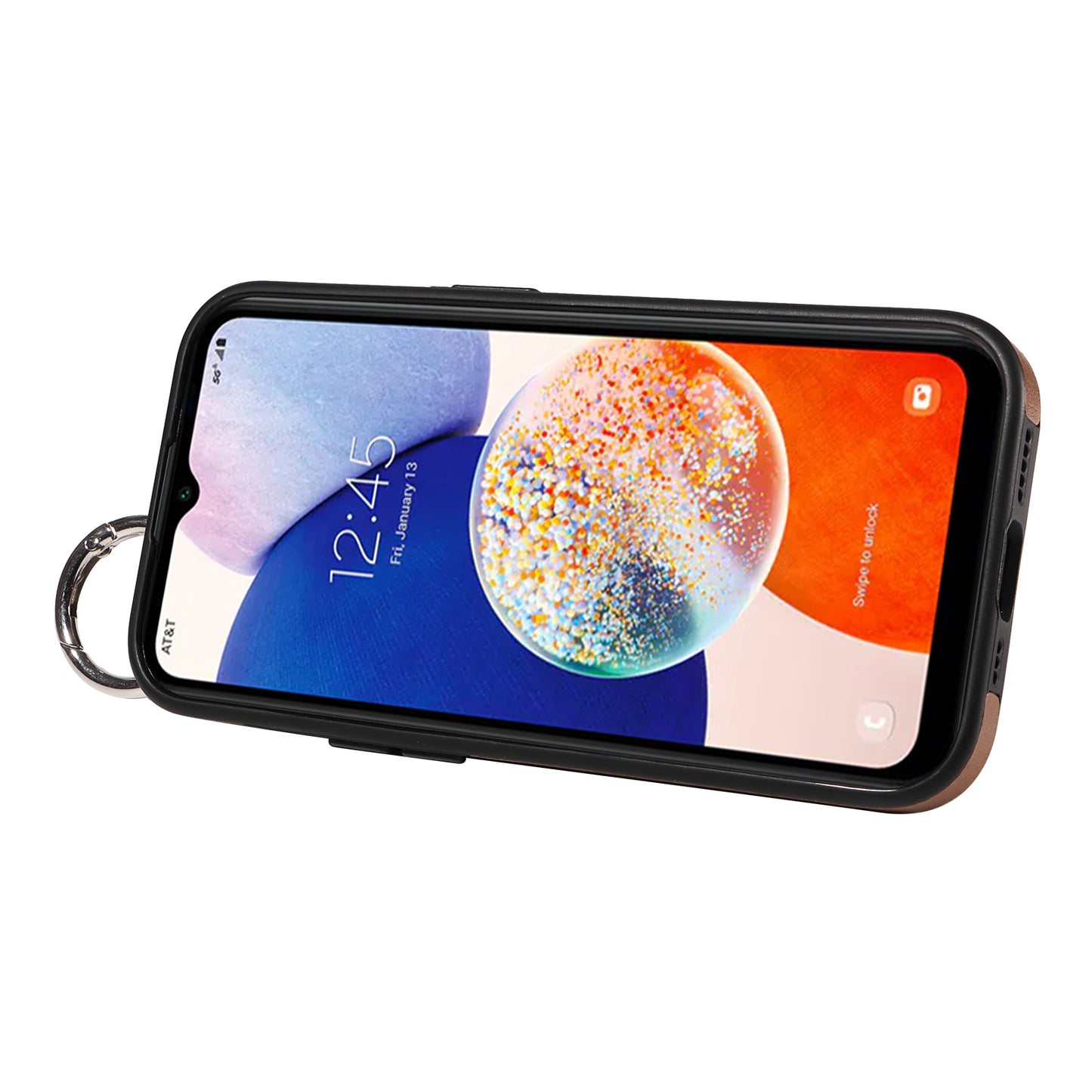 008 For Samsung Galaxy A14 5G / 4G Case Kickstand Leather TPU Phone Cover with Wrist Strap - Brown