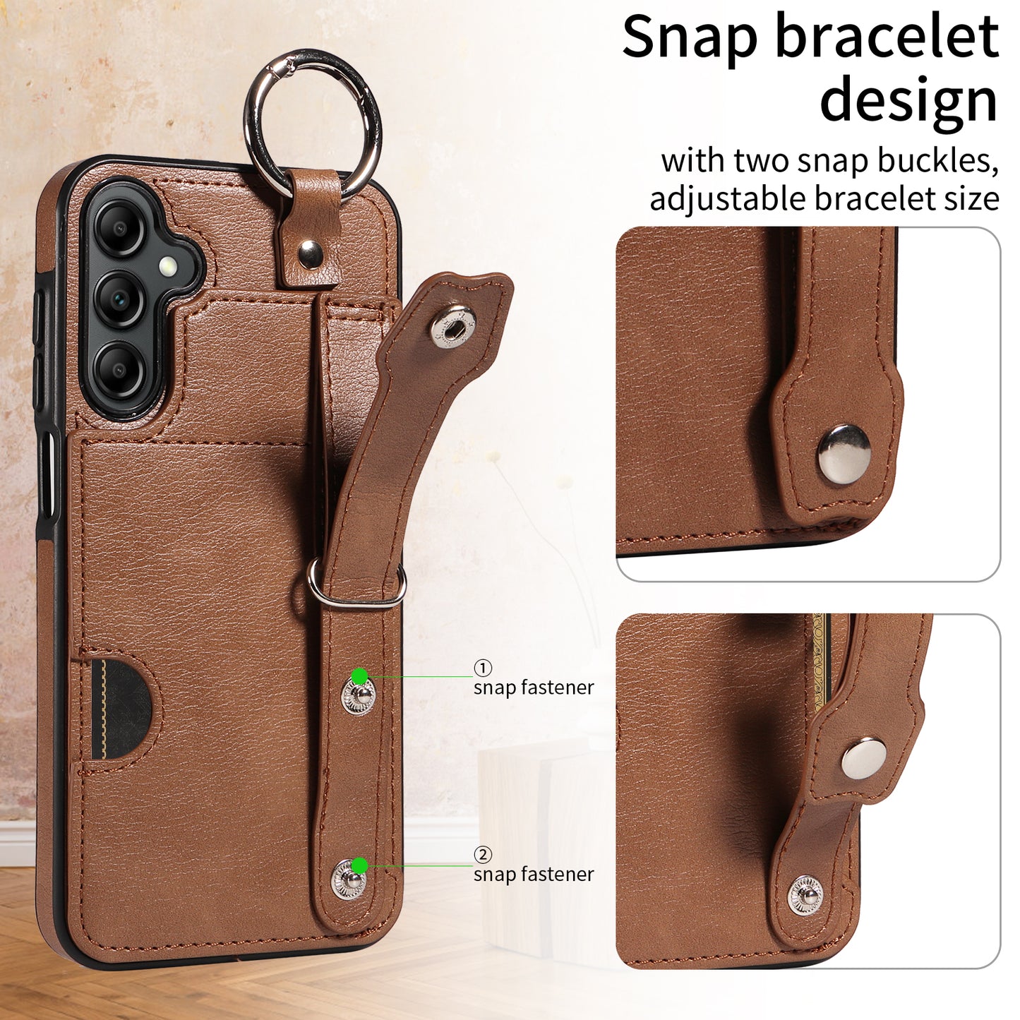 008 For Samsung Galaxy A14 5G / 4G Case Kickstand Leather TPU Phone Cover with Wrist Strap - Brown