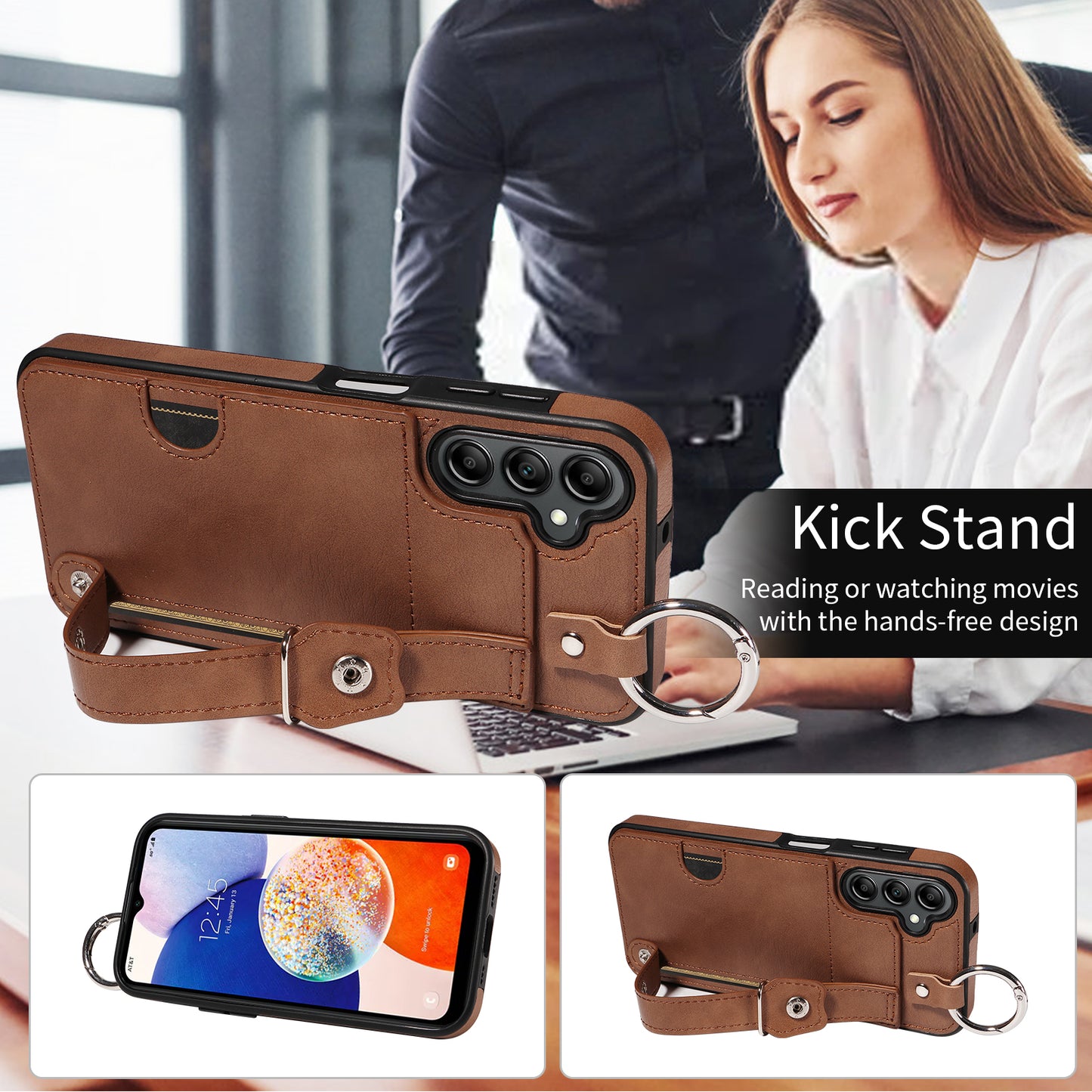 008 For Samsung Galaxy A14 5G / 4G Case Kickstand Leather TPU Phone Cover with Wrist Strap - Brown