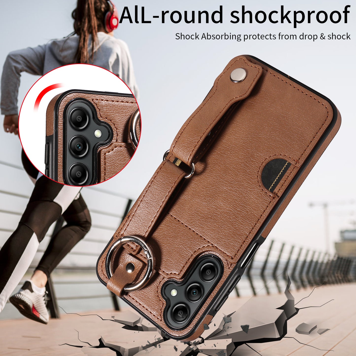 008 For Samsung Galaxy A14 5G / 4G Case Kickstand Leather TPU Phone Cover with Wrist Strap - Brown
