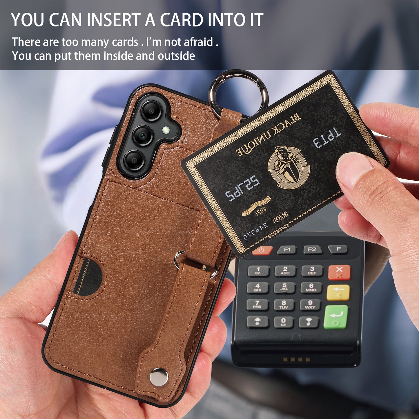 008 For Samsung Galaxy A14 5G / 4G Case Kickstand Leather TPU Phone Cover with Wrist Strap - Brown