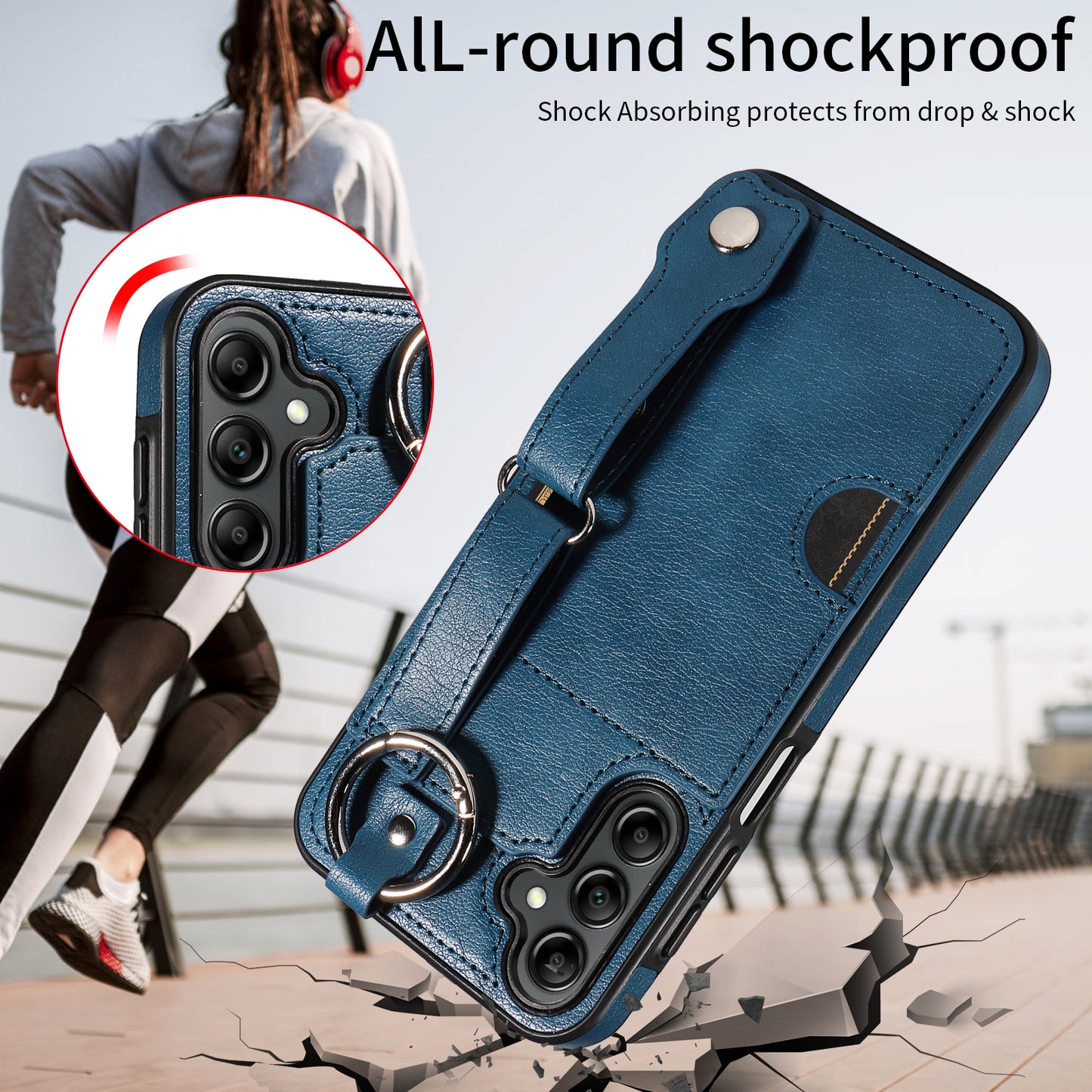 008 For Samsung Galaxy A14 5G / 4G Case Kickstand Leather TPU Phone Cover with Wrist Strap - Blue
