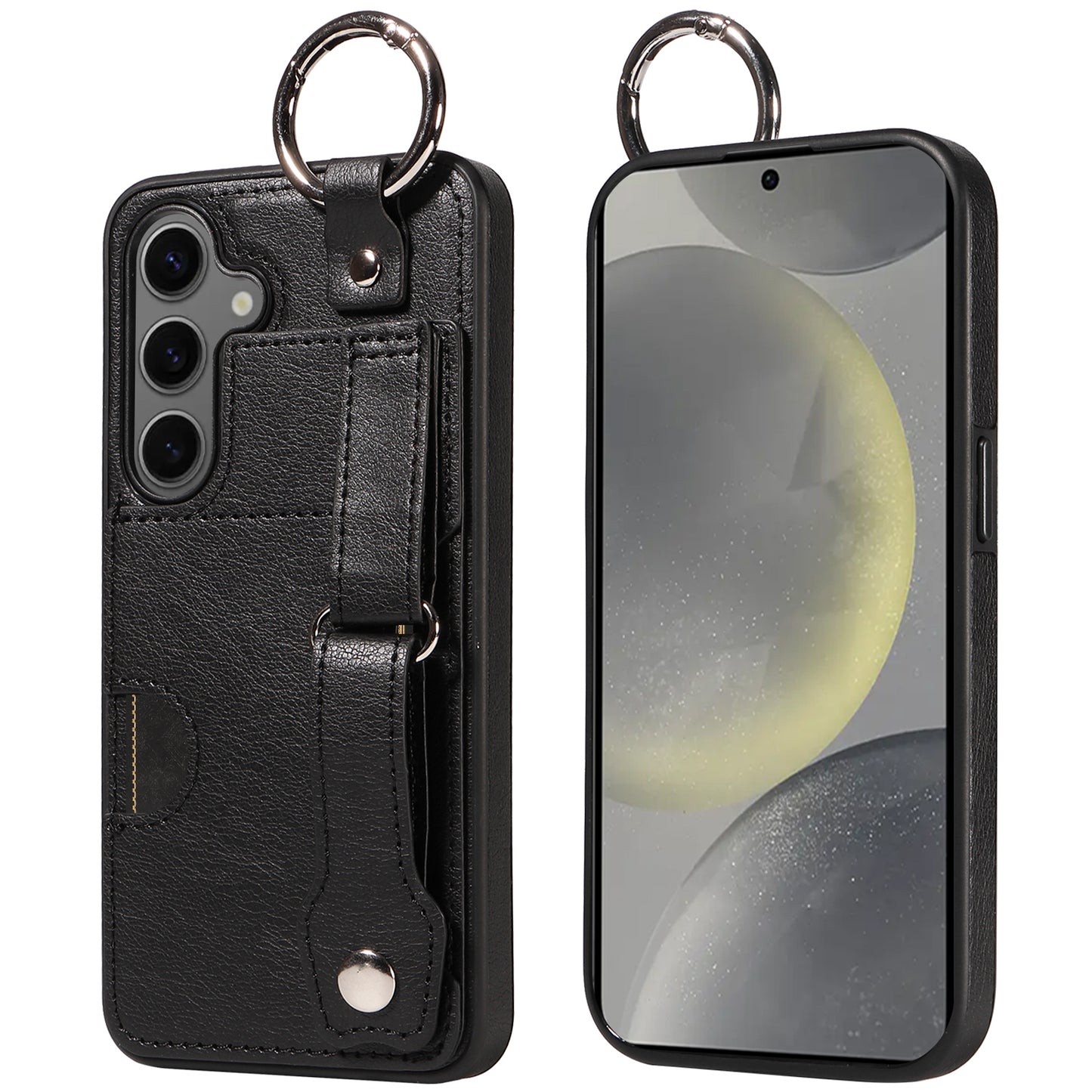 008 For Samsung Galaxy S24 Case Leather Coated TPU Shockproof Phone Cover with Kickstand - Black