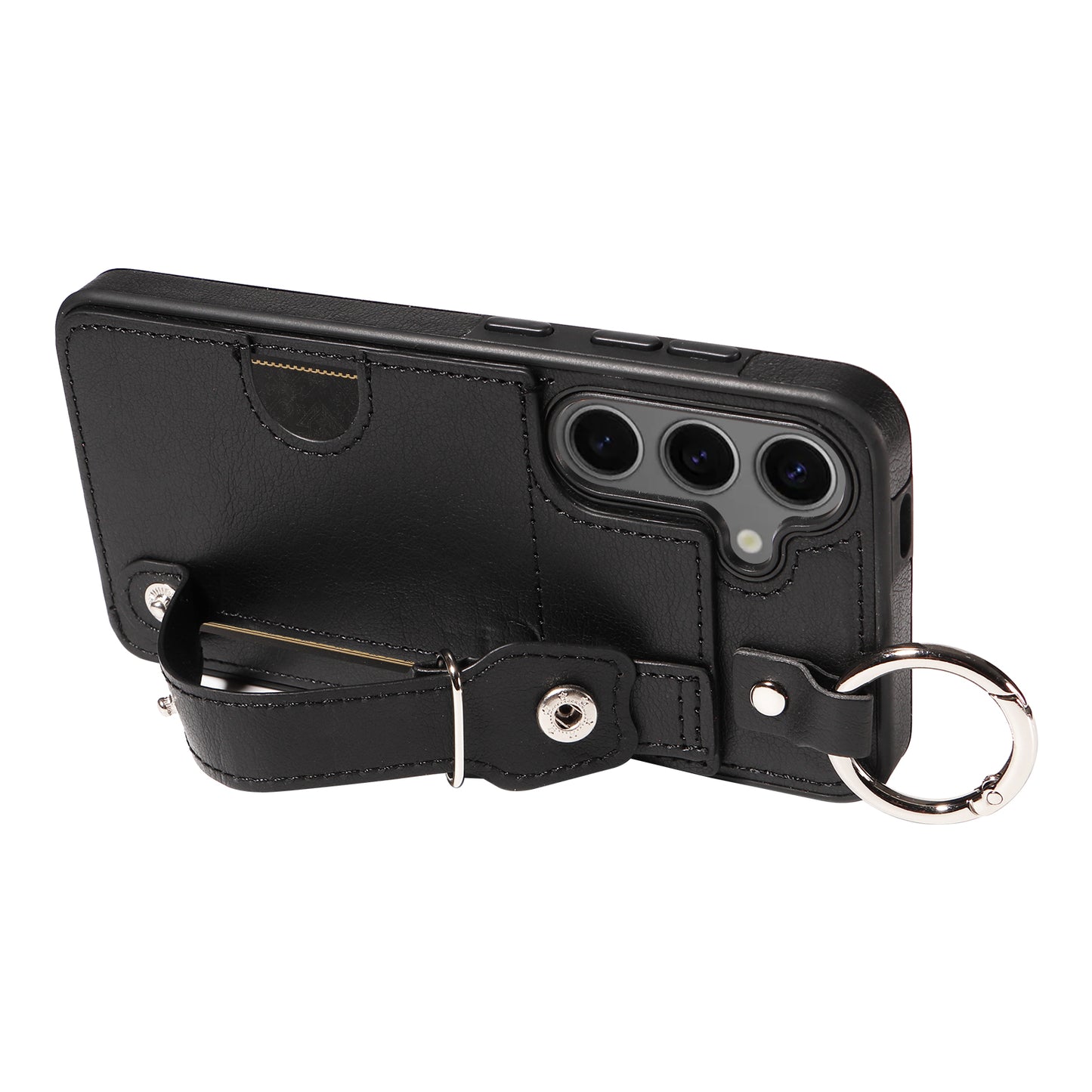 008 For Samsung Galaxy S24 Case Leather Coated TPU Shockproof Phone Cover with Kickstand - Black