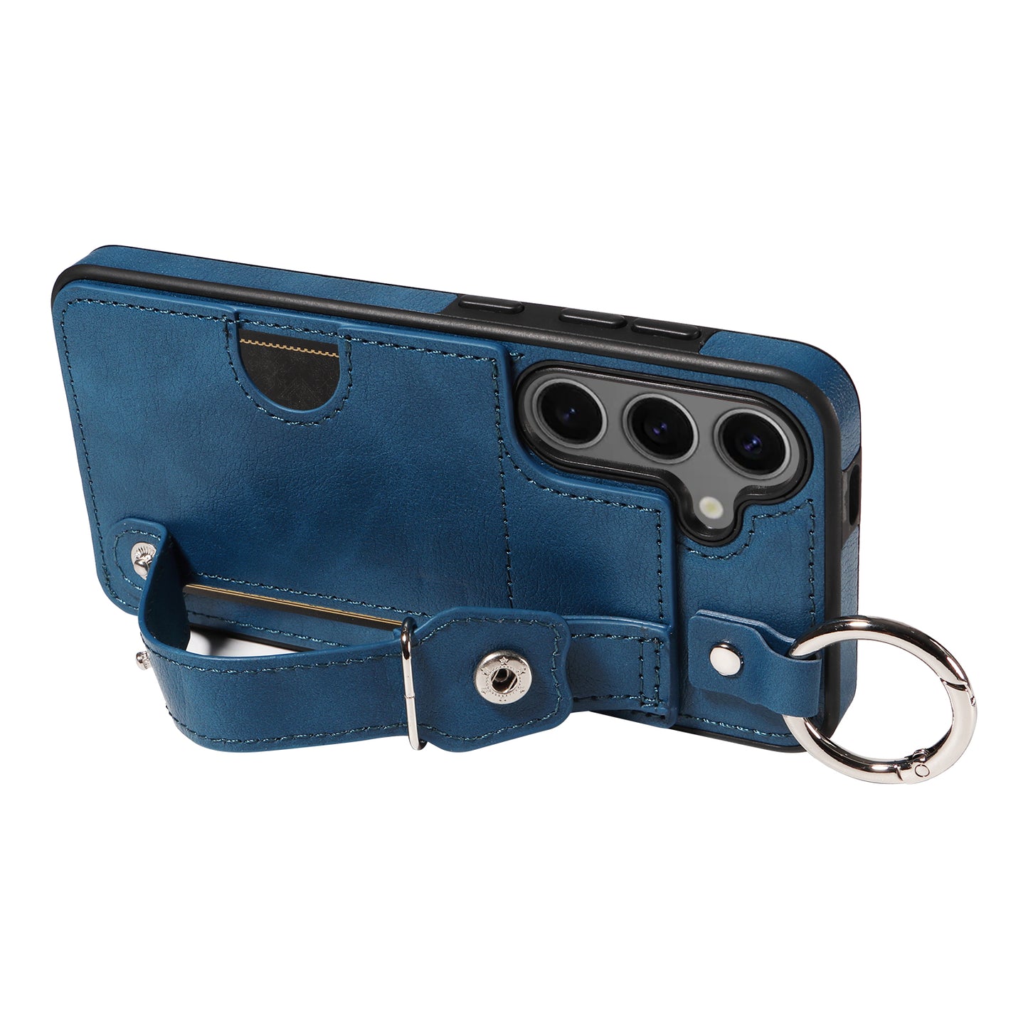 008 For Samsung Galaxy S24 Case Leather Coated TPU Shockproof Phone Cover with Kickstand - Blue