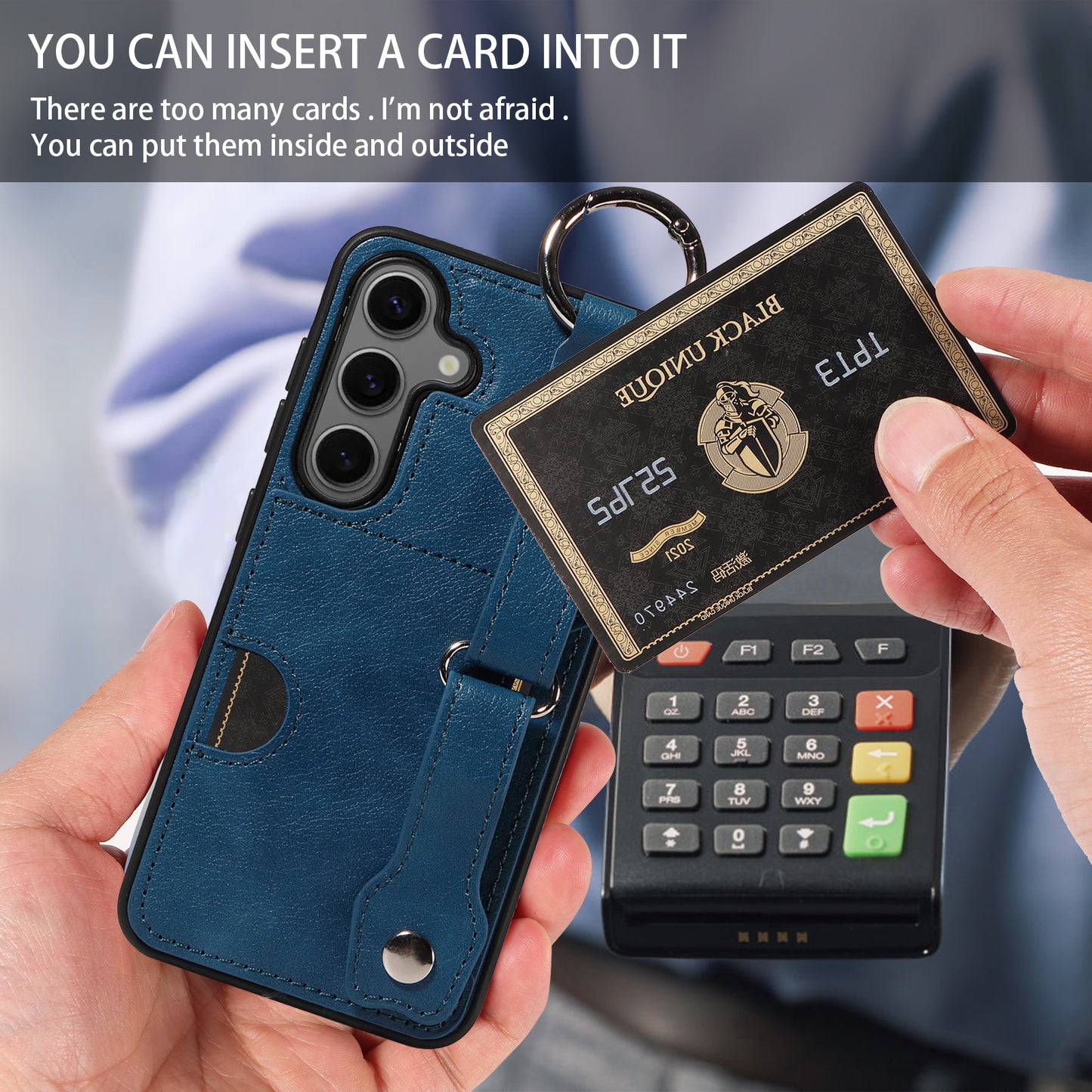 008 For Samsung Galaxy S24 Case Leather Coated TPU Shockproof Phone Cover with Kickstand - Blue