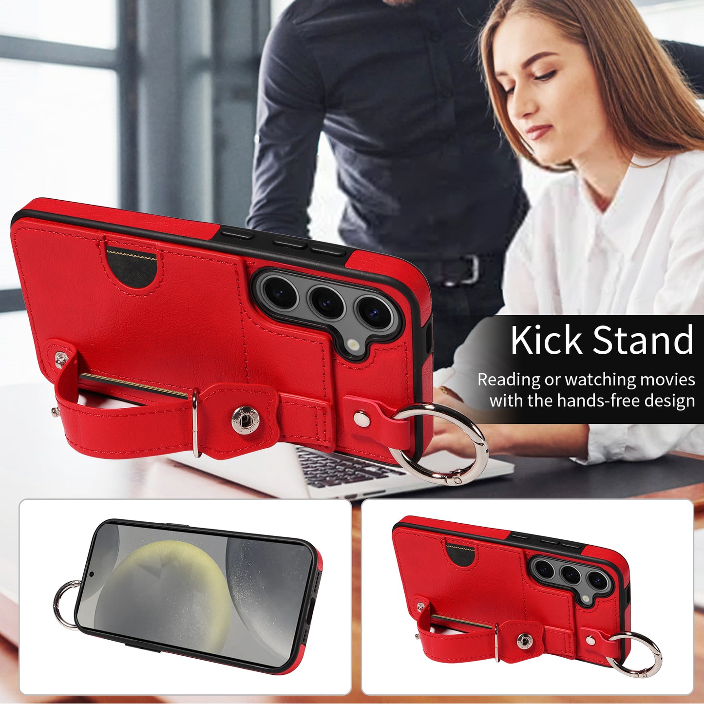 008 For Samsung Galaxy S24 Case Leather Coated TPU Shockproof Phone Cover with Kickstand - Red