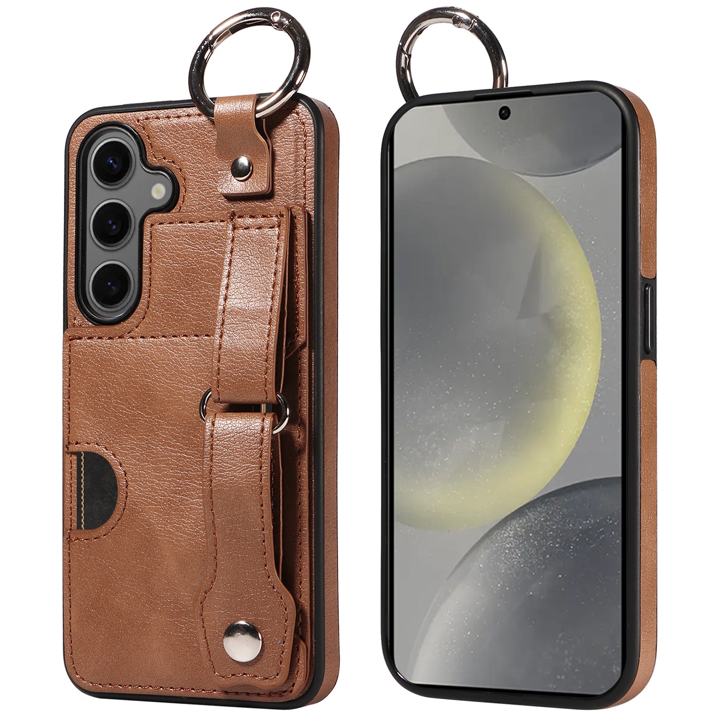 008 For Samsung Galaxy S24 Case Leather Coated TPU Shockproof Phone Cover with Kickstand - Brown