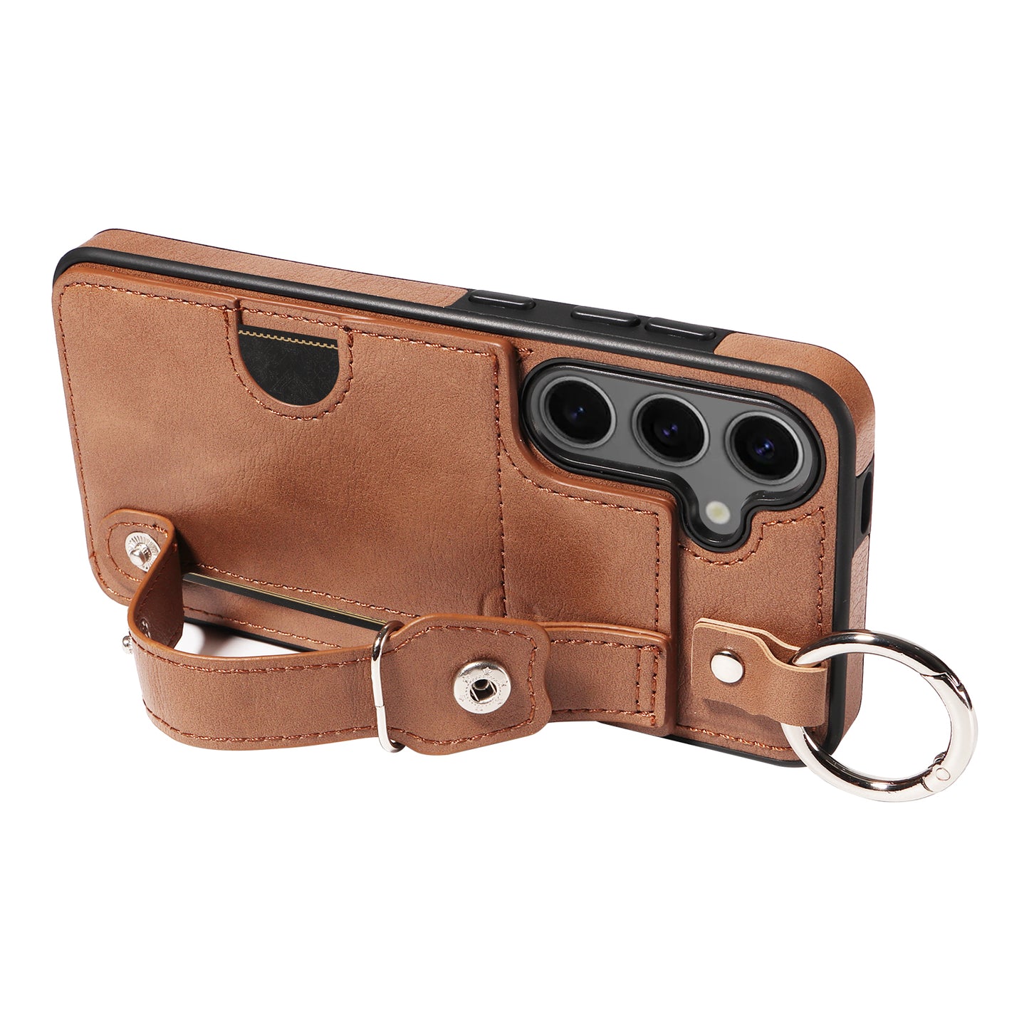 008 For Samsung Galaxy S24 Case Leather Coated TPU Shockproof Phone Cover with Kickstand - Brown