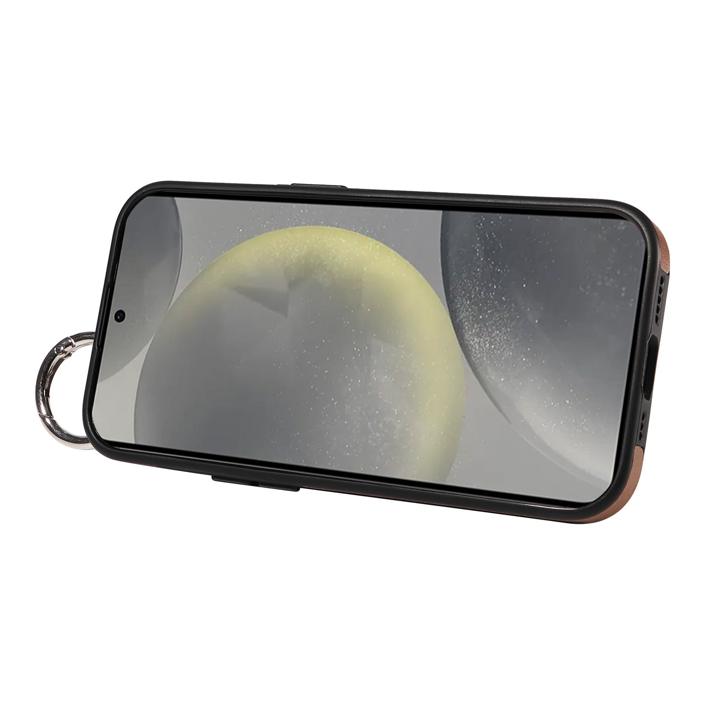 008 For Samsung Galaxy S24 Case Leather Coated TPU Shockproof Phone Cover with Kickstand - Brown