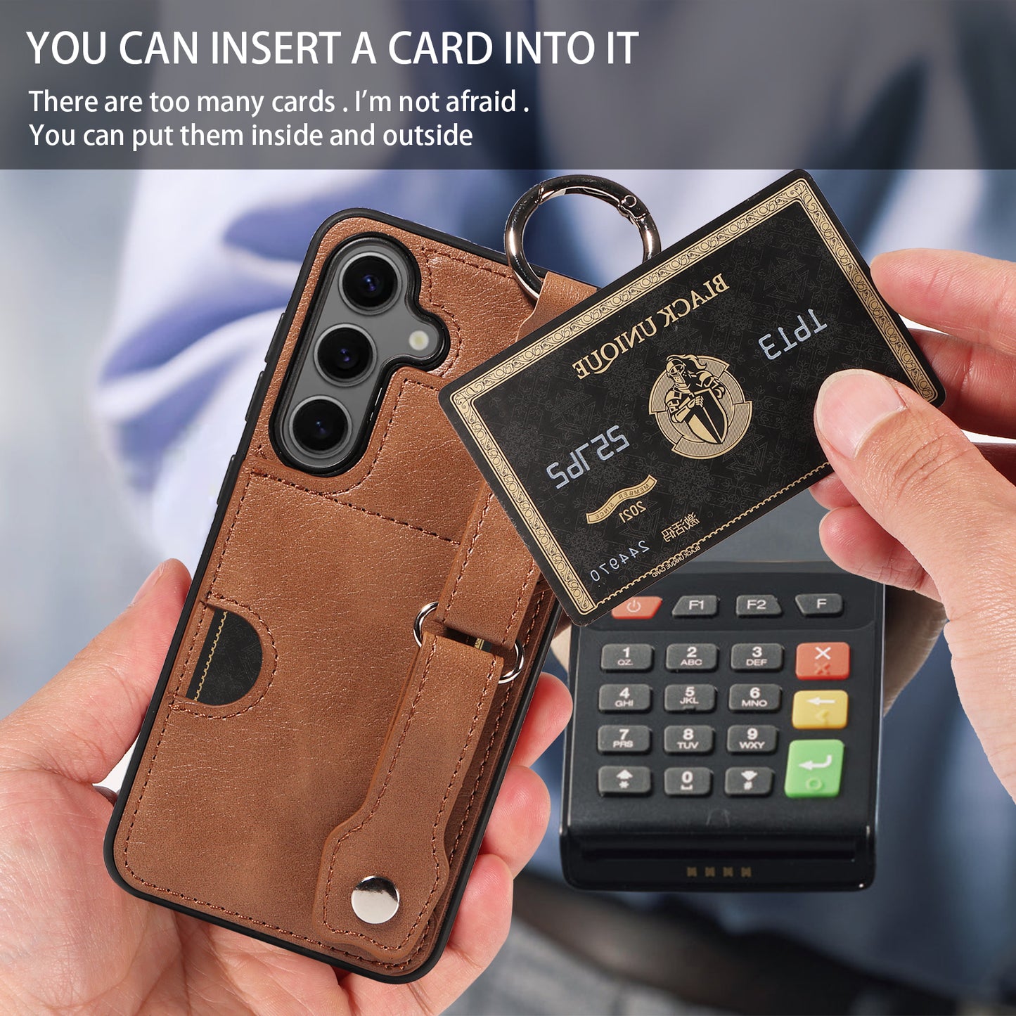 008 For Samsung Galaxy S24 Case Leather Coated TPU Shockproof Phone Cover with Kickstand - Brown