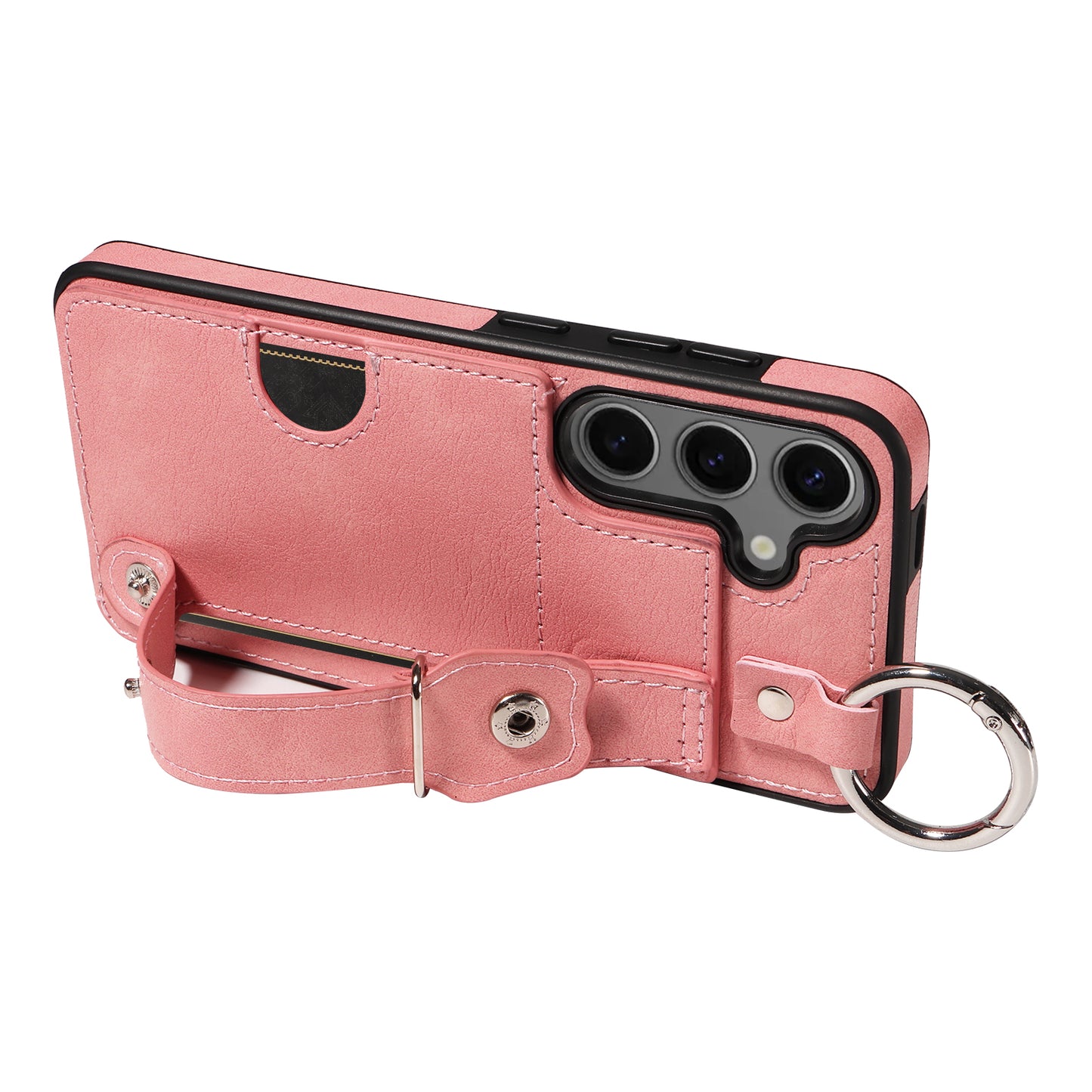 008 For Samsung Galaxy S24 Case Leather Coated TPU Shockproof Phone Cover with Kickstand - Pink