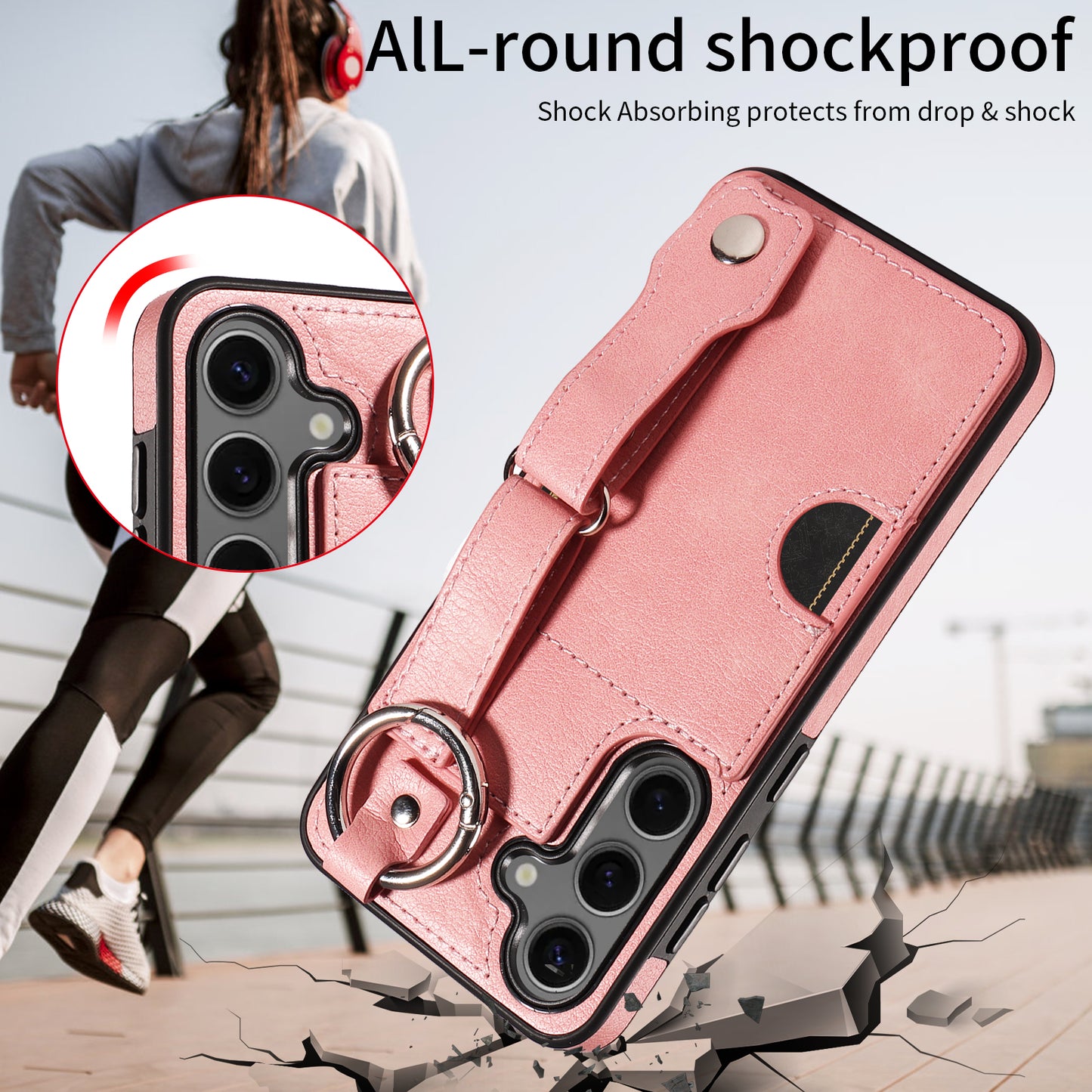 008 For Samsung Galaxy S24 Case Leather Coated TPU Shockproof Phone Cover with Kickstand - Pink