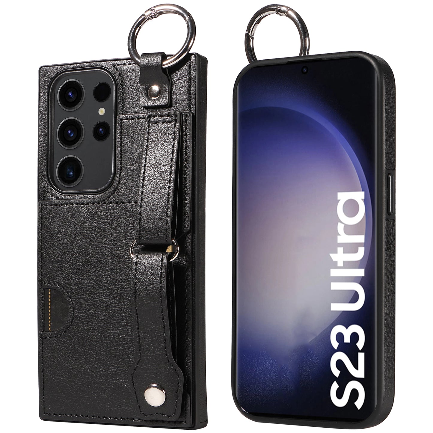 008 For Samsung Galaxy S23 Ultra Case Calf Texture Leather TPU Phone Cover with Kickstand - Black