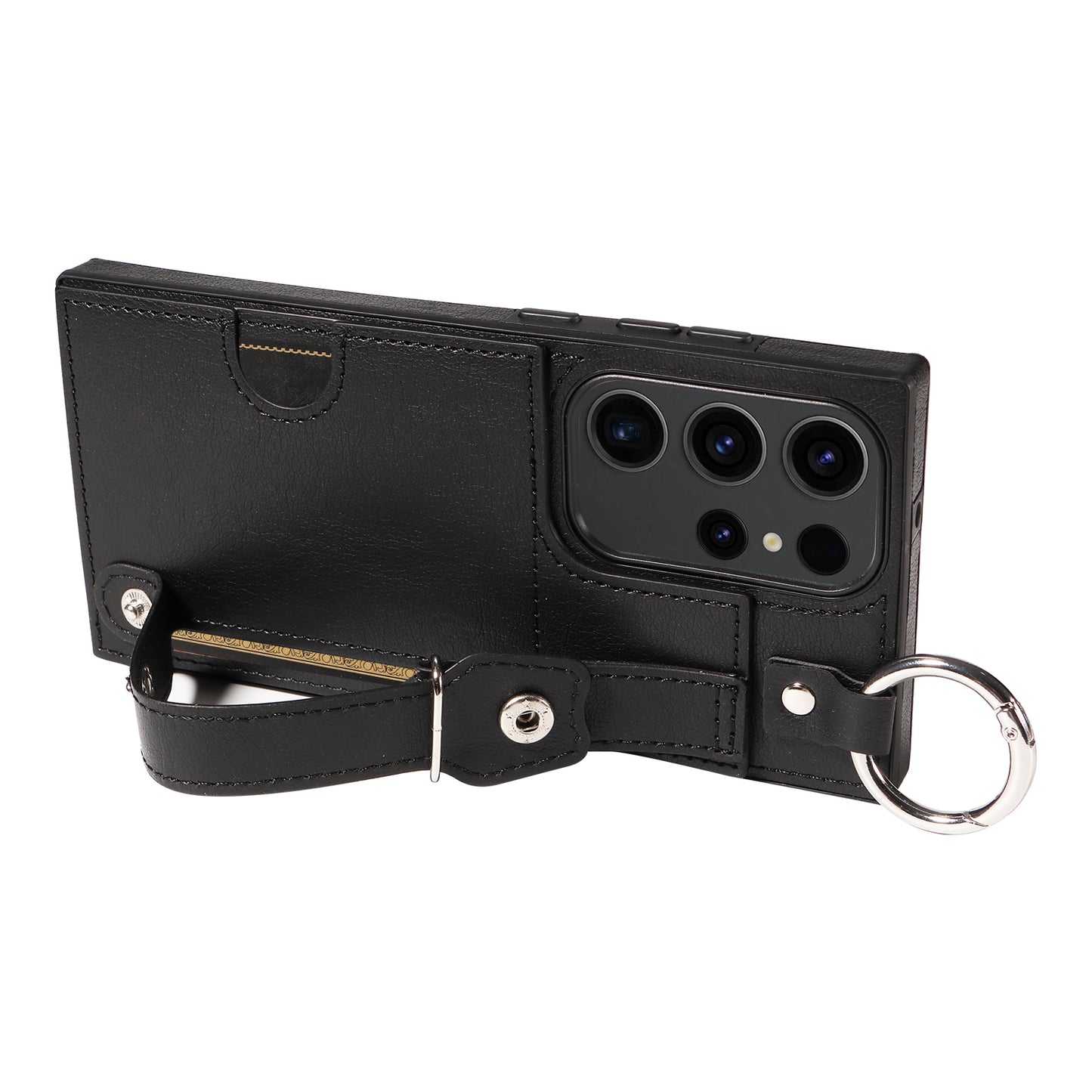 008 For Samsung Galaxy S23 Ultra Case Calf Texture Leather TPU Phone Cover with Kickstand - Black