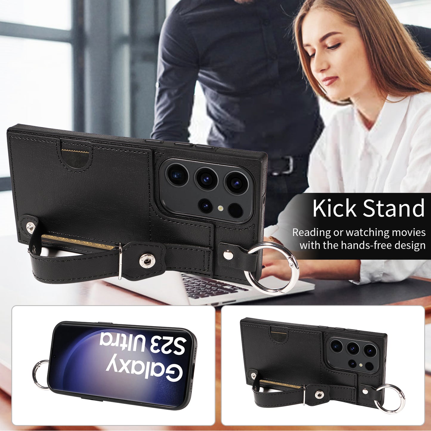 008 For Samsung Galaxy S23 Ultra Case Calf Texture Leather TPU Phone Cover with Kickstand - Black