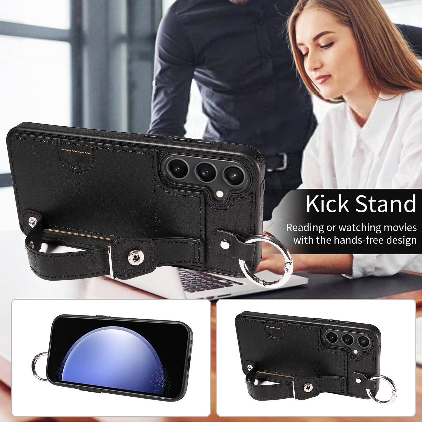 008 For Samsung Galaxy S23 FE Case Kickstand Card Slot Leather Coated TPU Phone Shell - Black