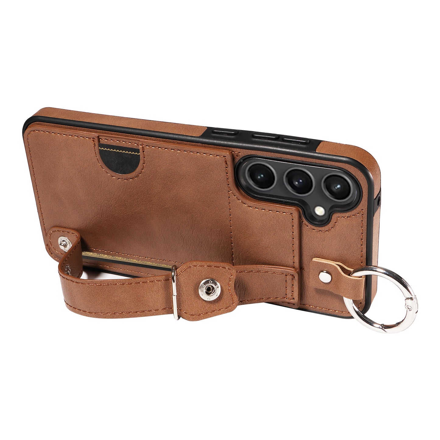 008 For Samsung Galaxy S23 FE Case Kickstand Card Slot Leather Coated TPU Phone Shell - Brown