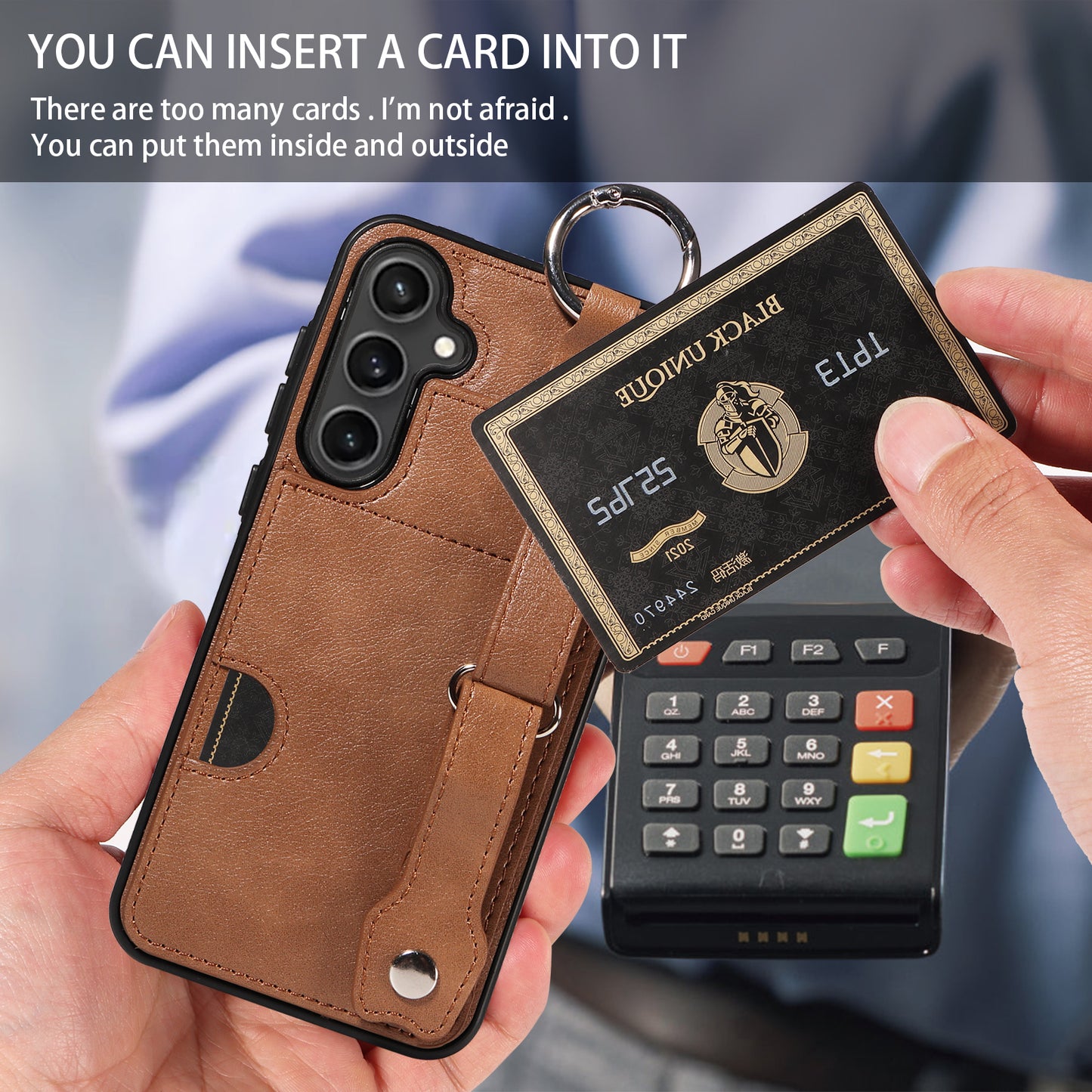 008 For Samsung Galaxy S23 FE Case Kickstand Card Slot Leather Coated TPU Phone Shell - Brown