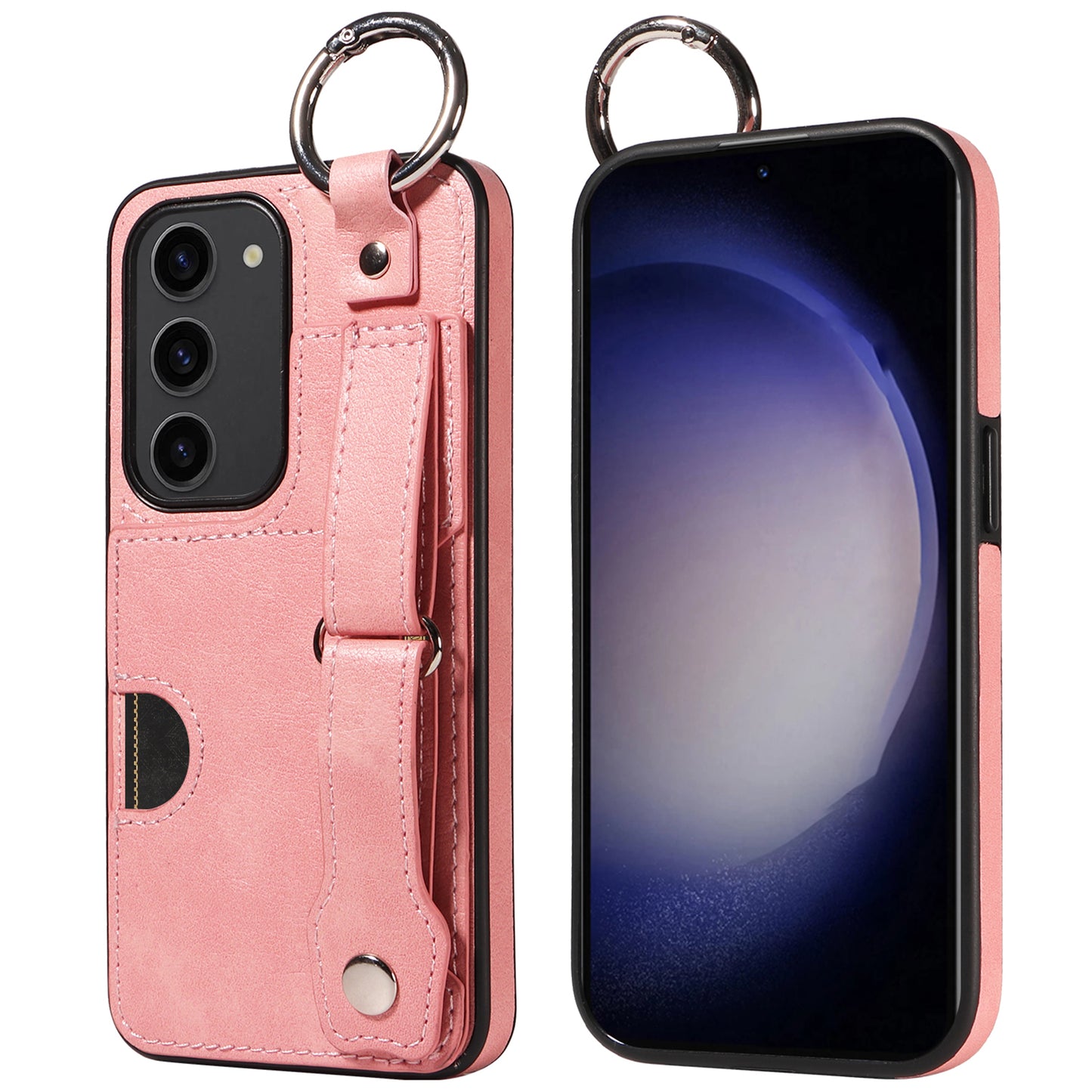 008 For Samsung Galaxy S23 Case Leather+TPU Protective Phone Cover with Ring Buckle - Pink