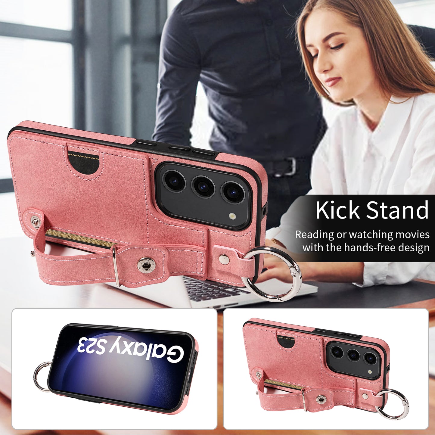 008 For Samsung Galaxy S23 Case Leather+TPU Protective Phone Cover with Ring Buckle - Pink