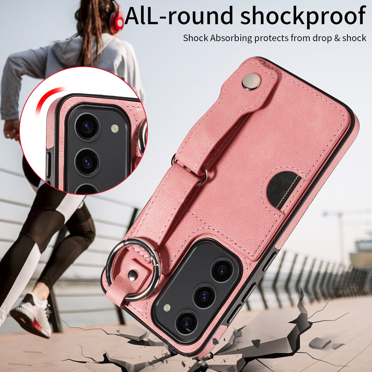 008 For Samsung Galaxy S23 Case Leather+TPU Protective Phone Cover with Ring Buckle - Pink
