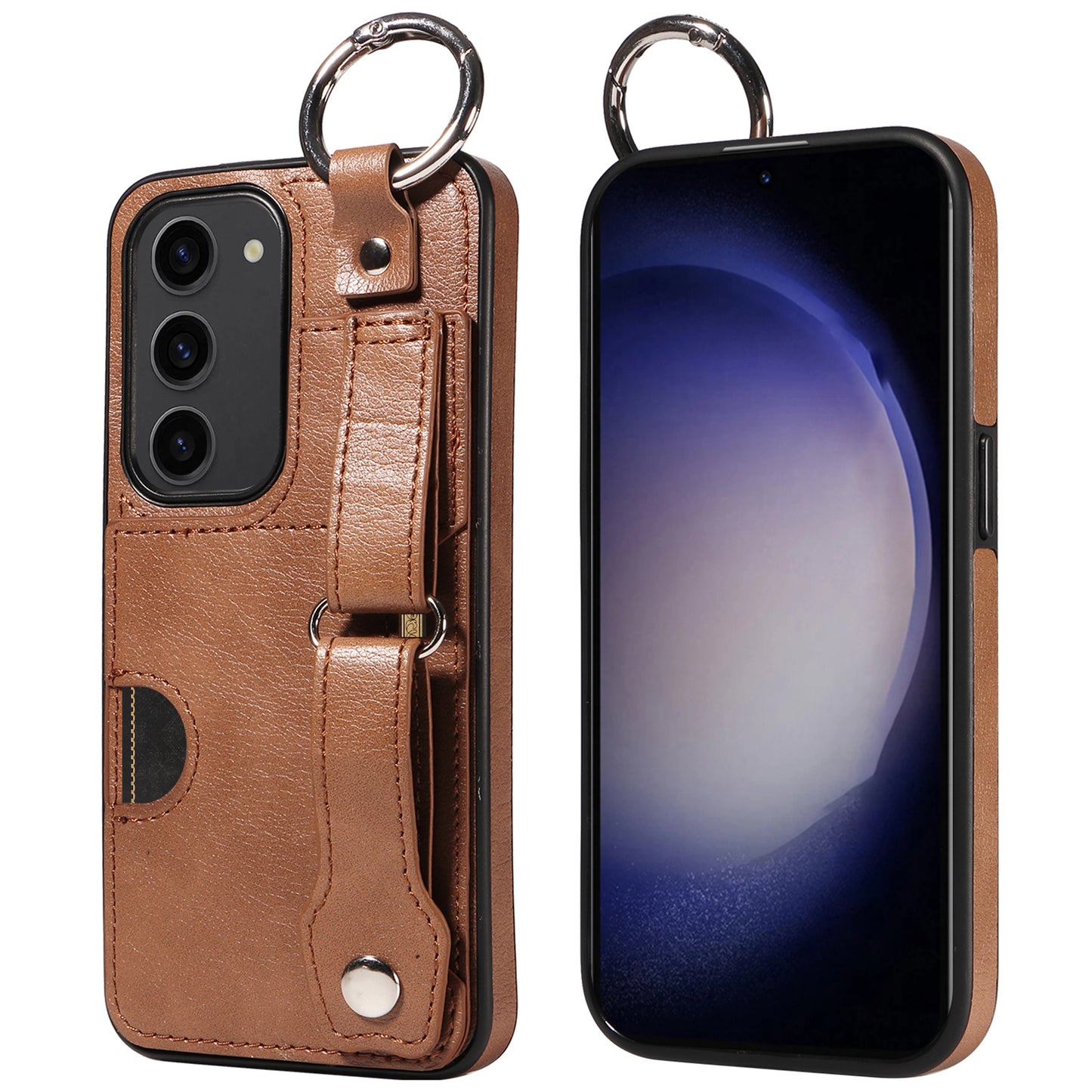 008 For Samsung Galaxy S23 Case Leather+TPU Protective Phone Cover with Ring Buckle - Brown