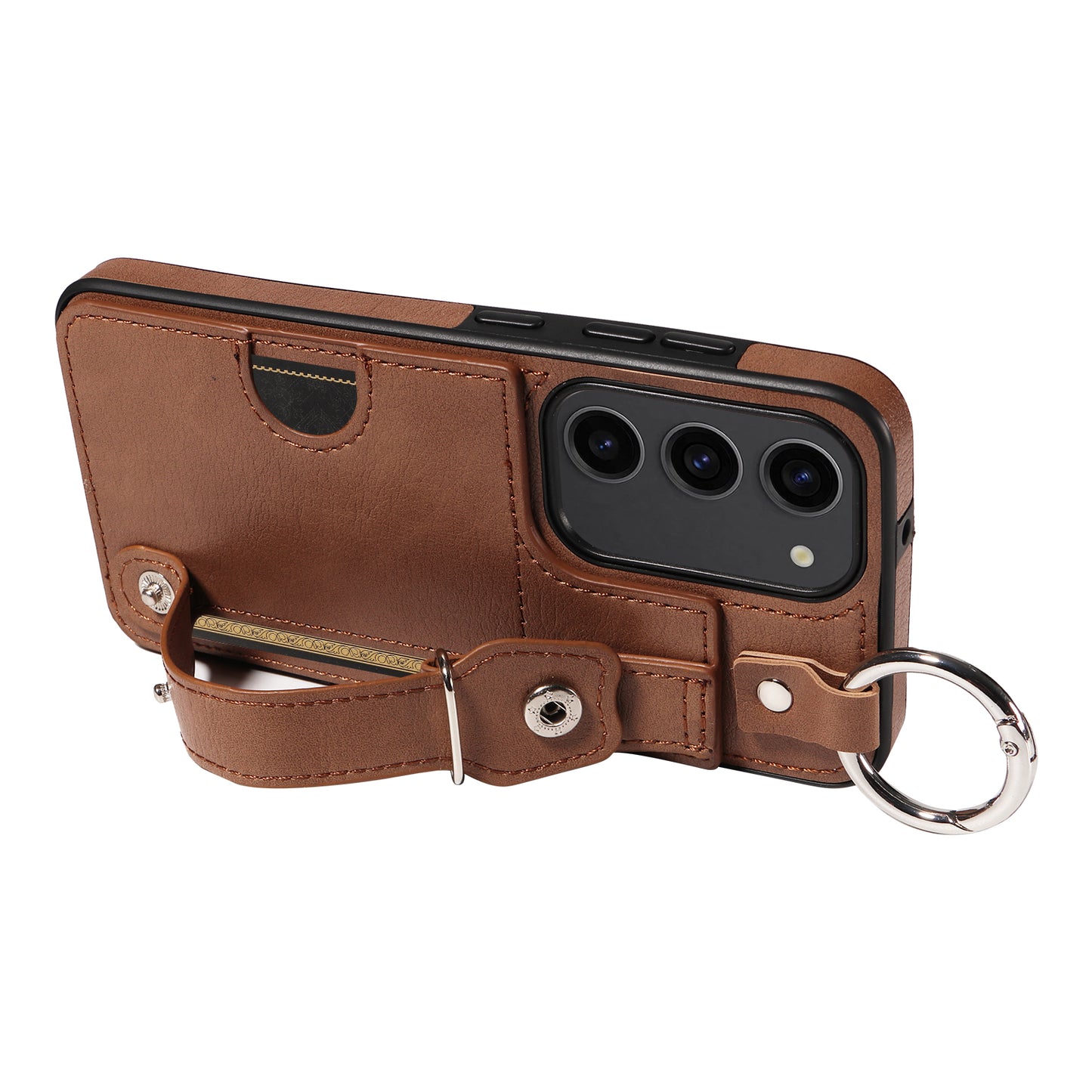 008 For Samsung Galaxy S23 Case Leather+TPU Protective Phone Cover with Ring Buckle - Brown