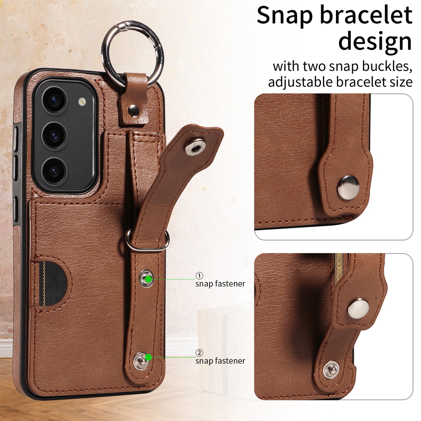 008 For Samsung Galaxy S23 Case Leather+TPU Protective Phone Cover with Ring Buckle - Brown