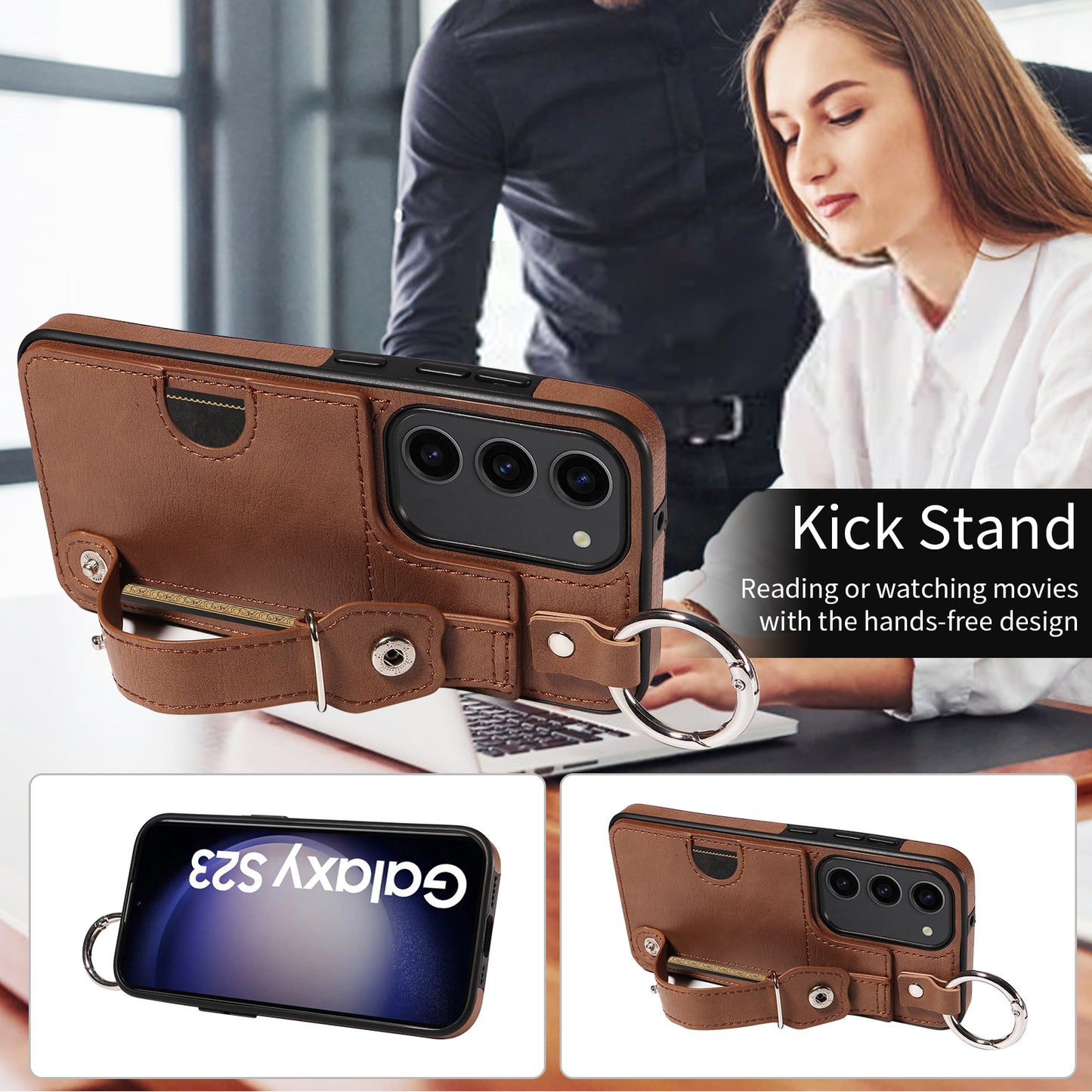 008 For Samsung Galaxy S23 Case Leather+TPU Protective Phone Cover with Ring Buckle - Brown