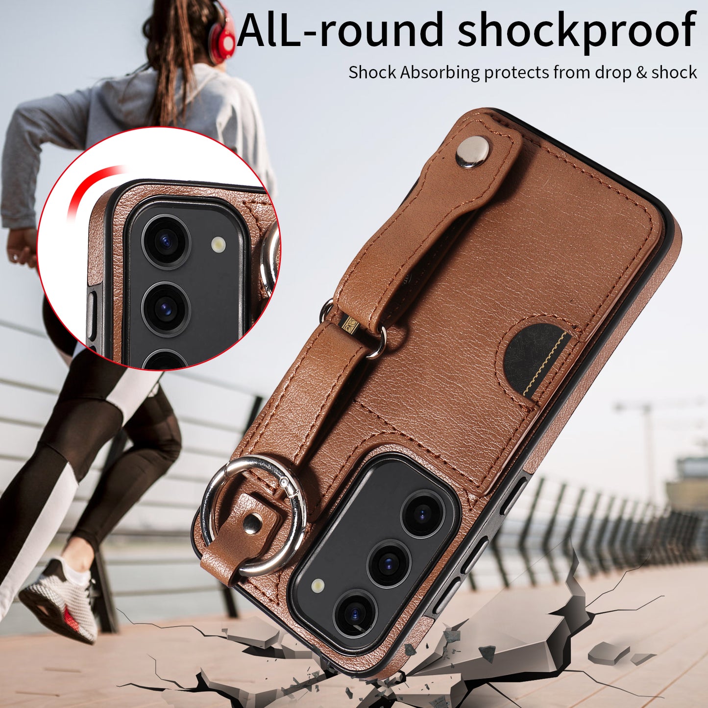 008 For Samsung Galaxy S23 Case Leather+TPU Protective Phone Cover with Ring Buckle - Brown