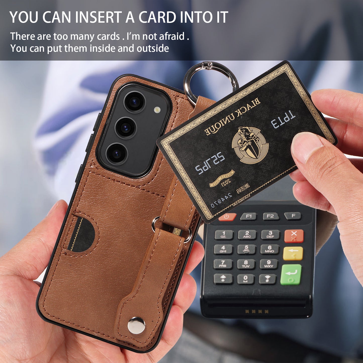 008 For Samsung Galaxy S23 Case Leather+TPU Protective Phone Cover with Ring Buckle - Brown