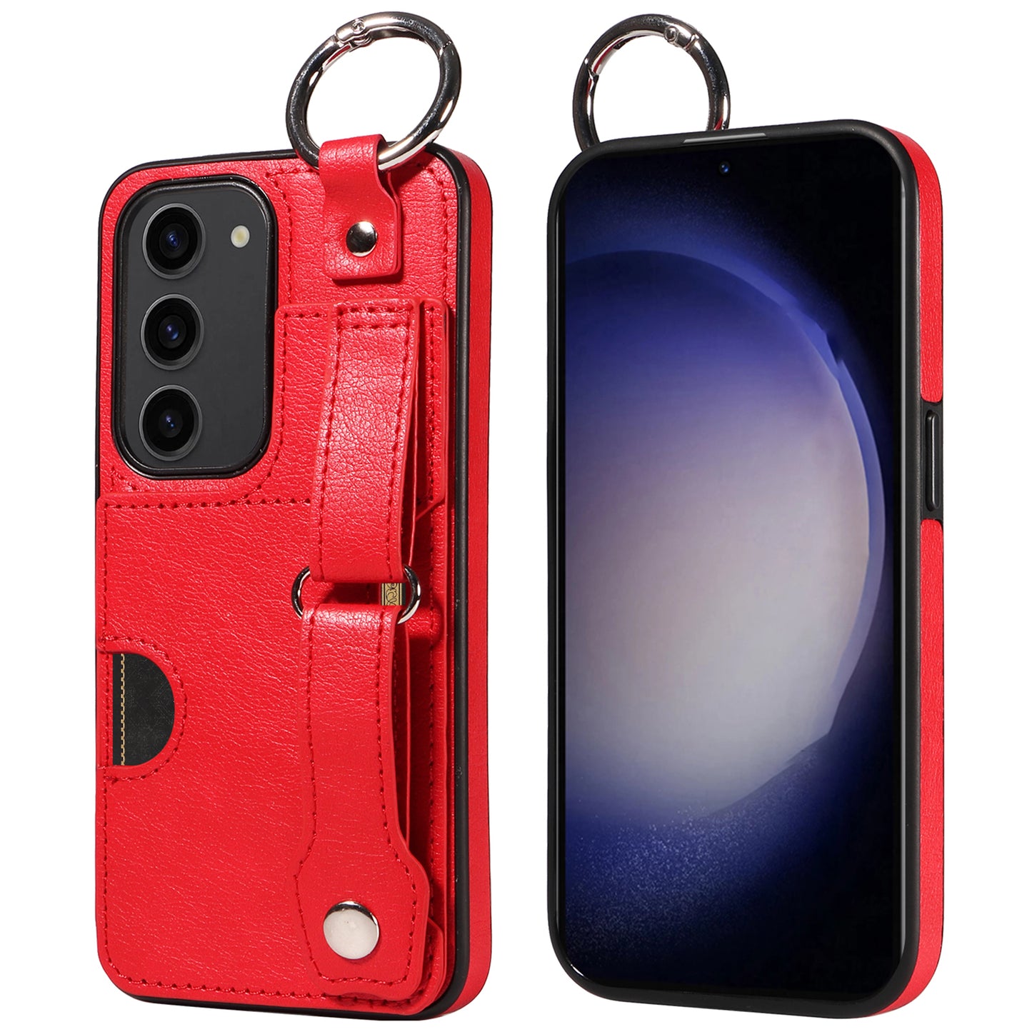 008 For Samsung Galaxy S23 Case Leather+TPU Protective Phone Cover with Ring Buckle - Red