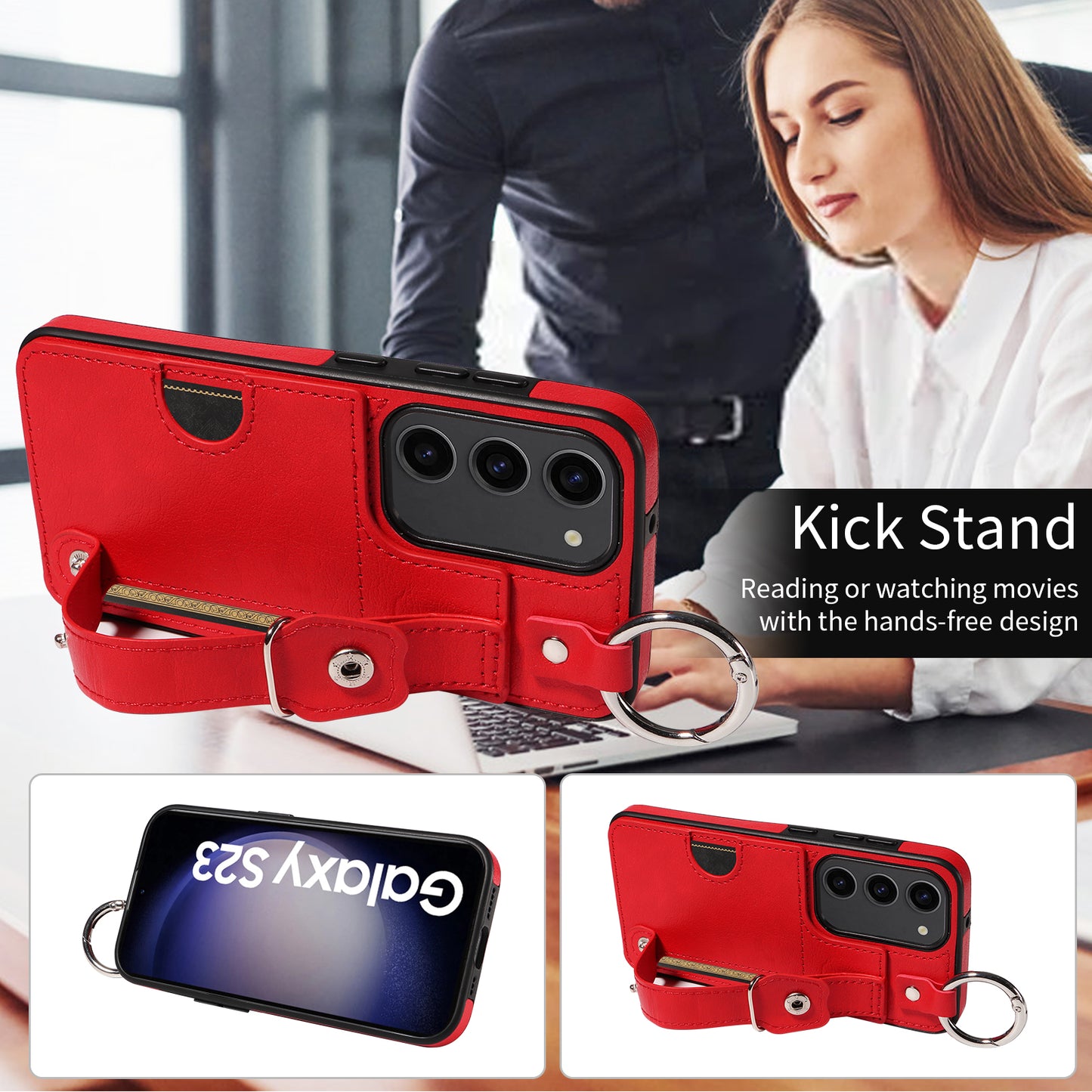 008 For Samsung Galaxy S23 Case Leather+TPU Protective Phone Cover with Ring Buckle - Red