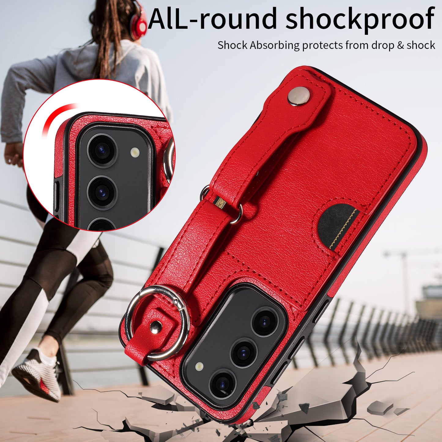 008 For Samsung Galaxy S23 Case Leather+TPU Protective Phone Cover with Ring Buckle - Red