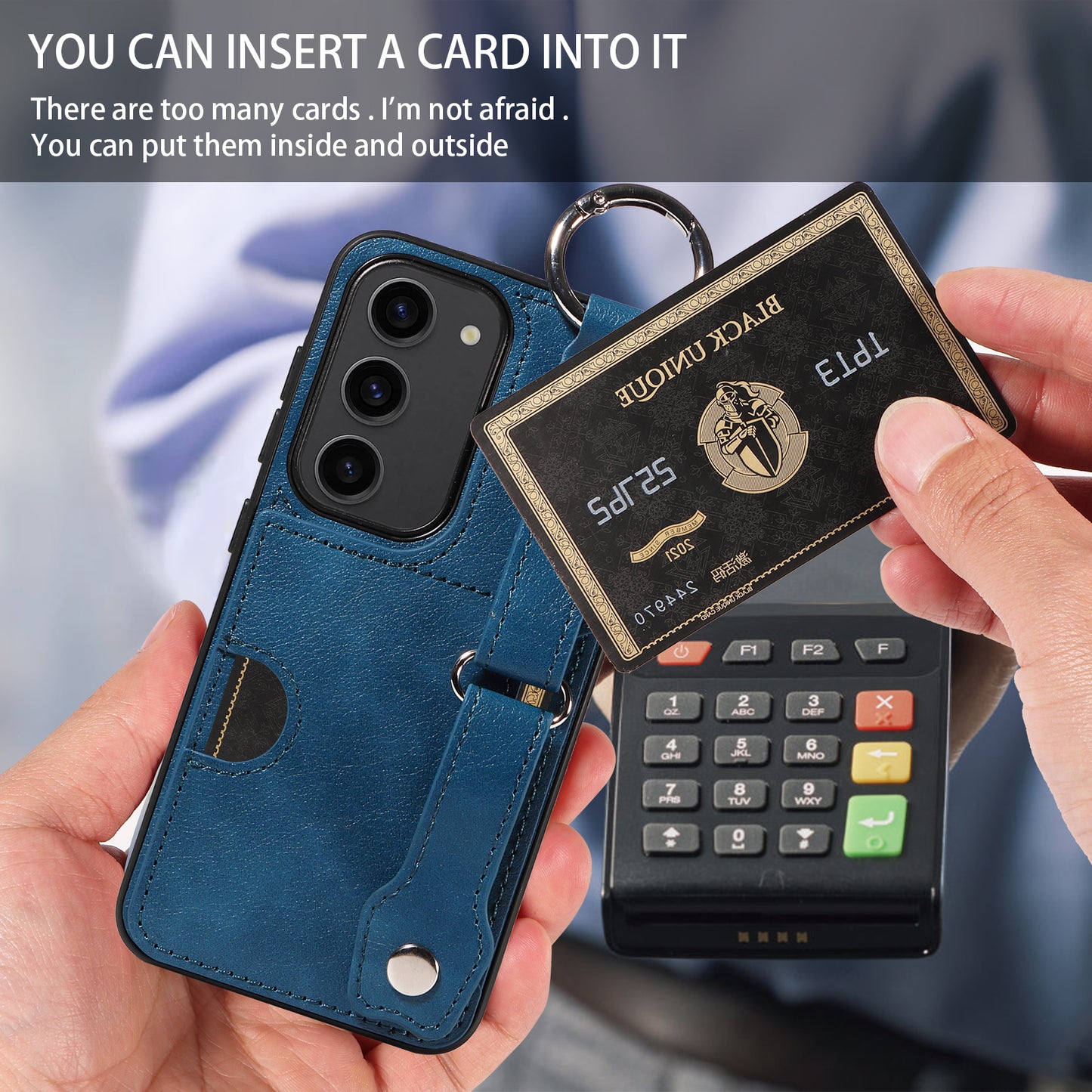 008 For Samsung Galaxy S23 Case Leather+TPU Protective Phone Cover with Ring Buckle - Blue