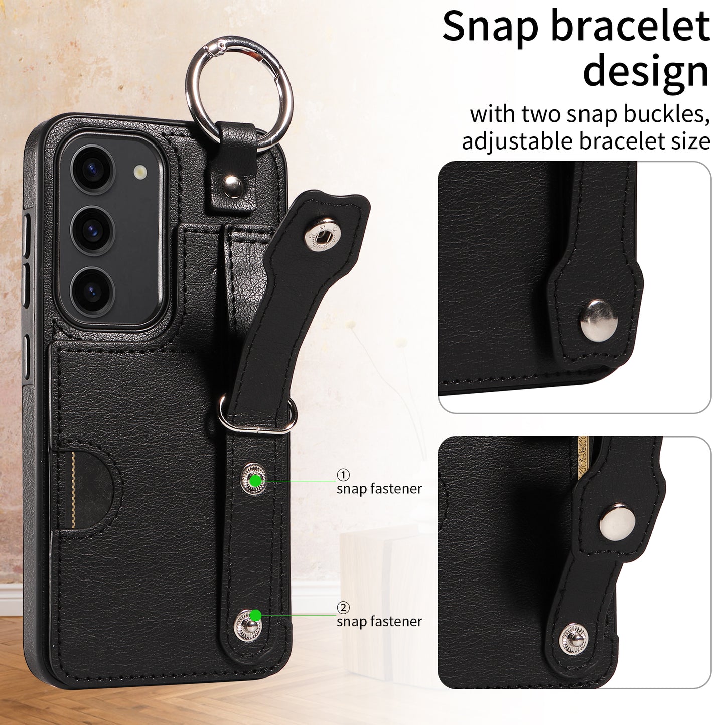 008 For Samsung Galaxy S23 Case Leather+TPU Protective Phone Cover with Ring Buckle - Black