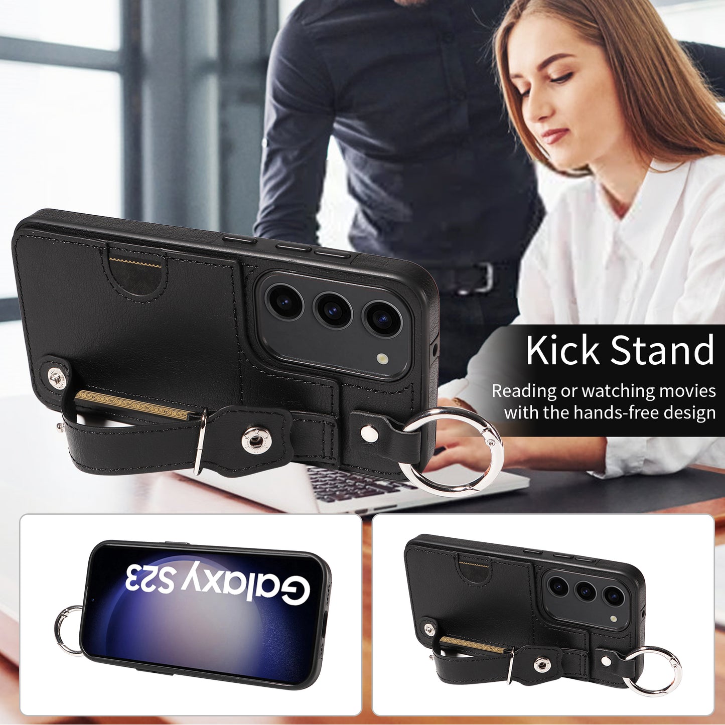 008 For Samsung Galaxy S23 Case Leather+TPU Protective Phone Cover with Ring Buckle - Black