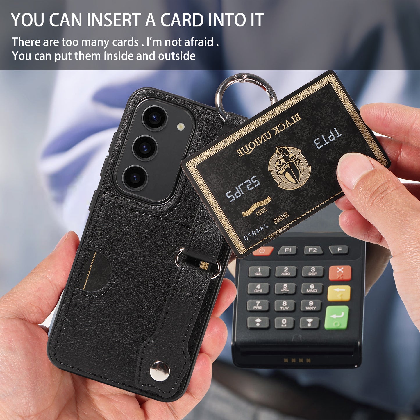 008 For Samsung Galaxy S23 Case Leather+TPU Protective Phone Cover with Ring Buckle - Black