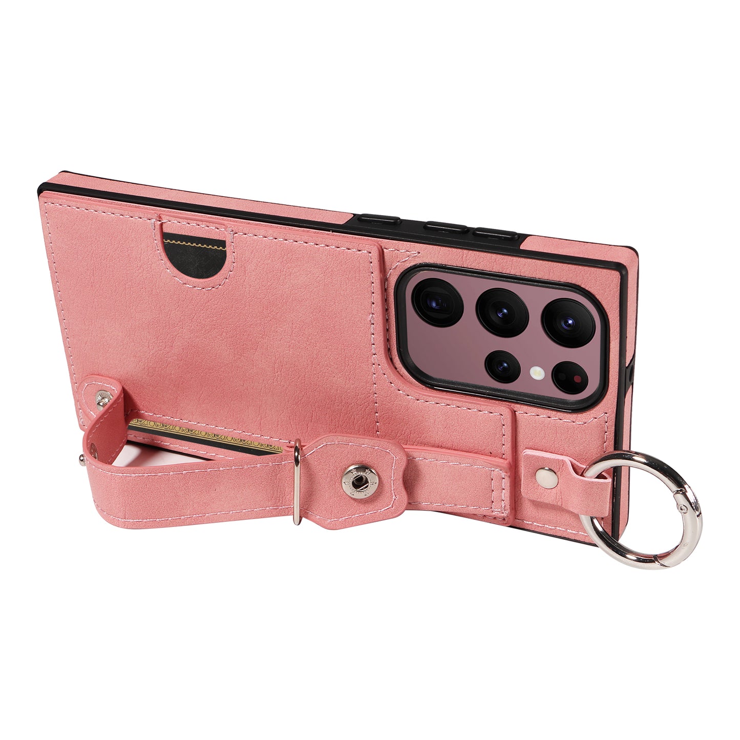 008 For Samsung Galaxy S22 Ultra 5G Case Anti-dust Leather+TPU Kickstand Phone Guard Cover - Pink