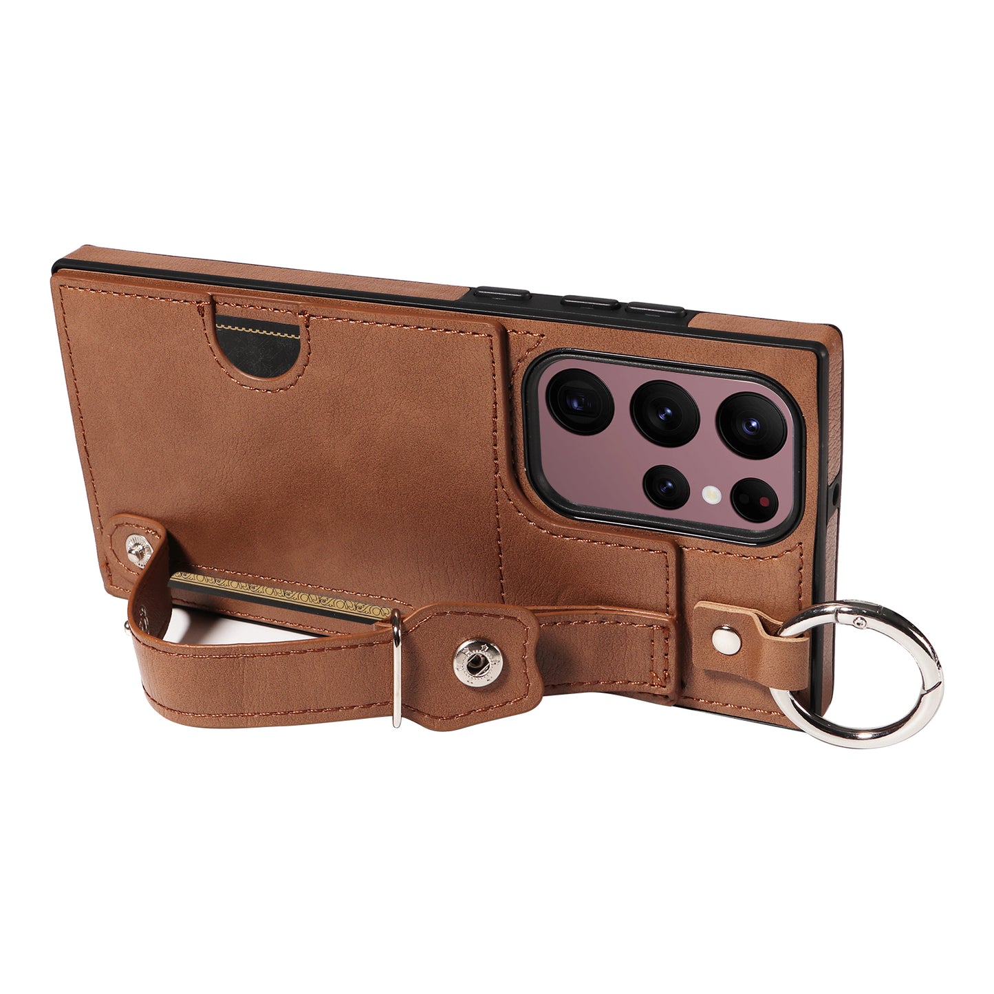 008 For Samsung Galaxy S22 Ultra 5G Case Anti-dust Leather+TPU Kickstand Phone Guard Cover - Brown