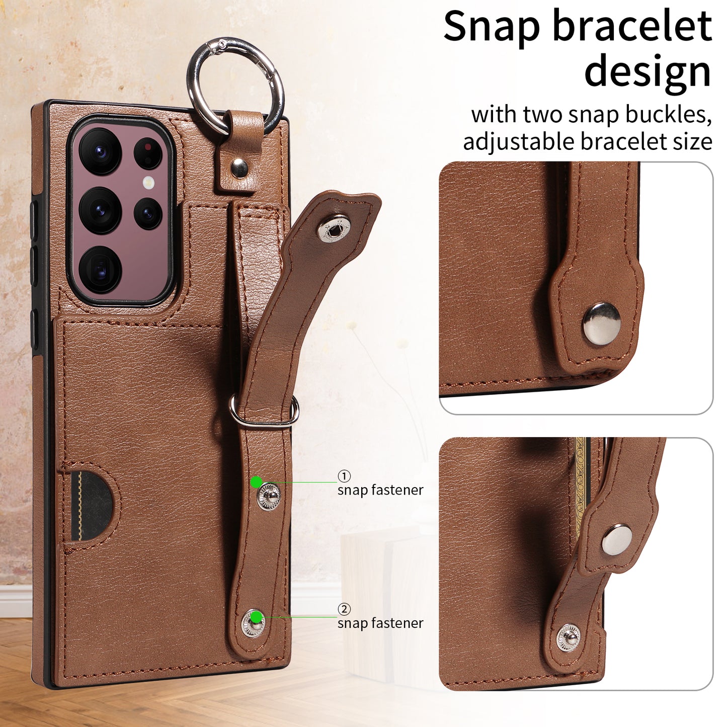 008 For Samsung Galaxy S22 Ultra 5G Case Anti-dust Leather+TPU Kickstand Phone Guard Cover - Brown
