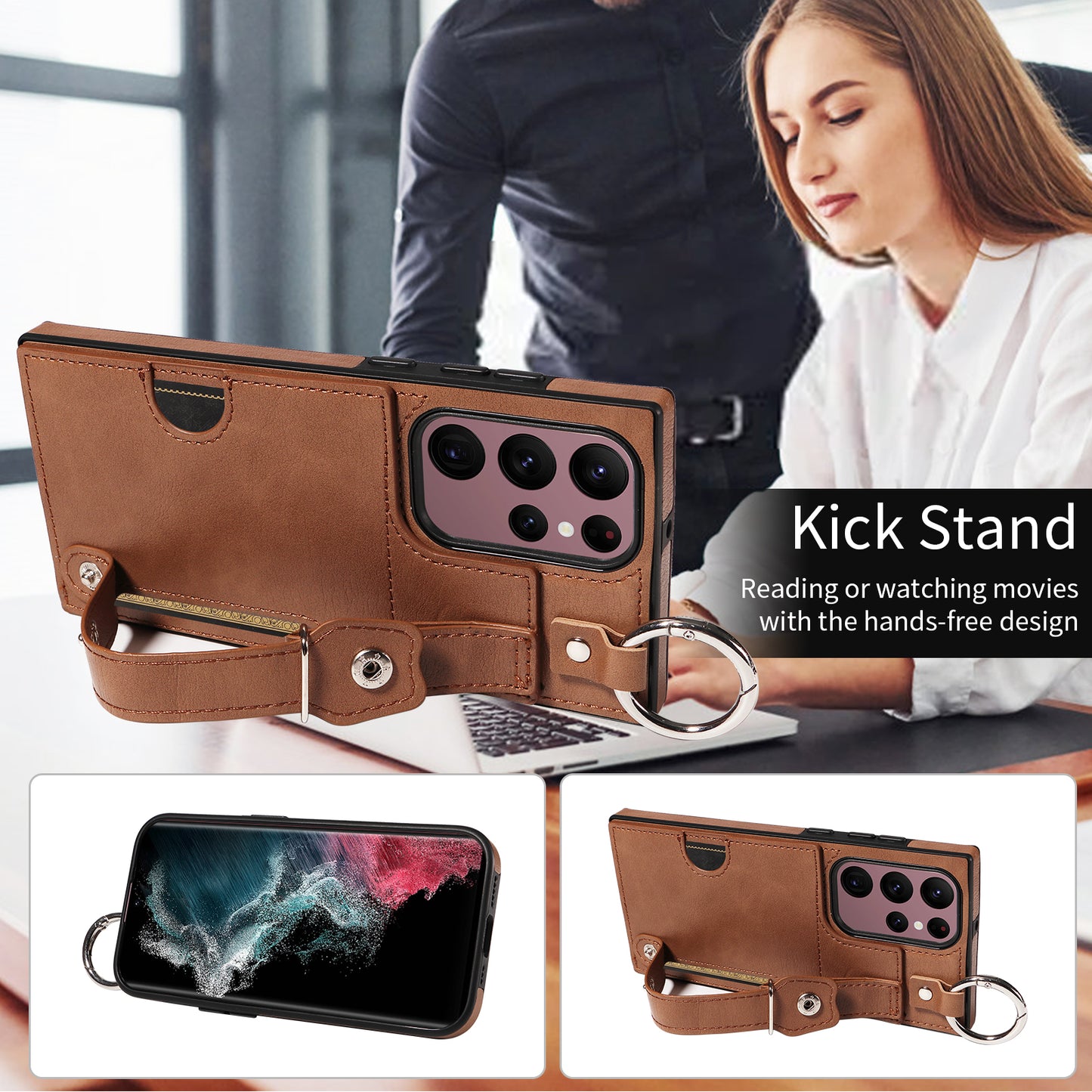 008 For Samsung Galaxy S22 Ultra 5G Case Anti-dust Leather+TPU Kickstand Phone Guard Cover - Brown