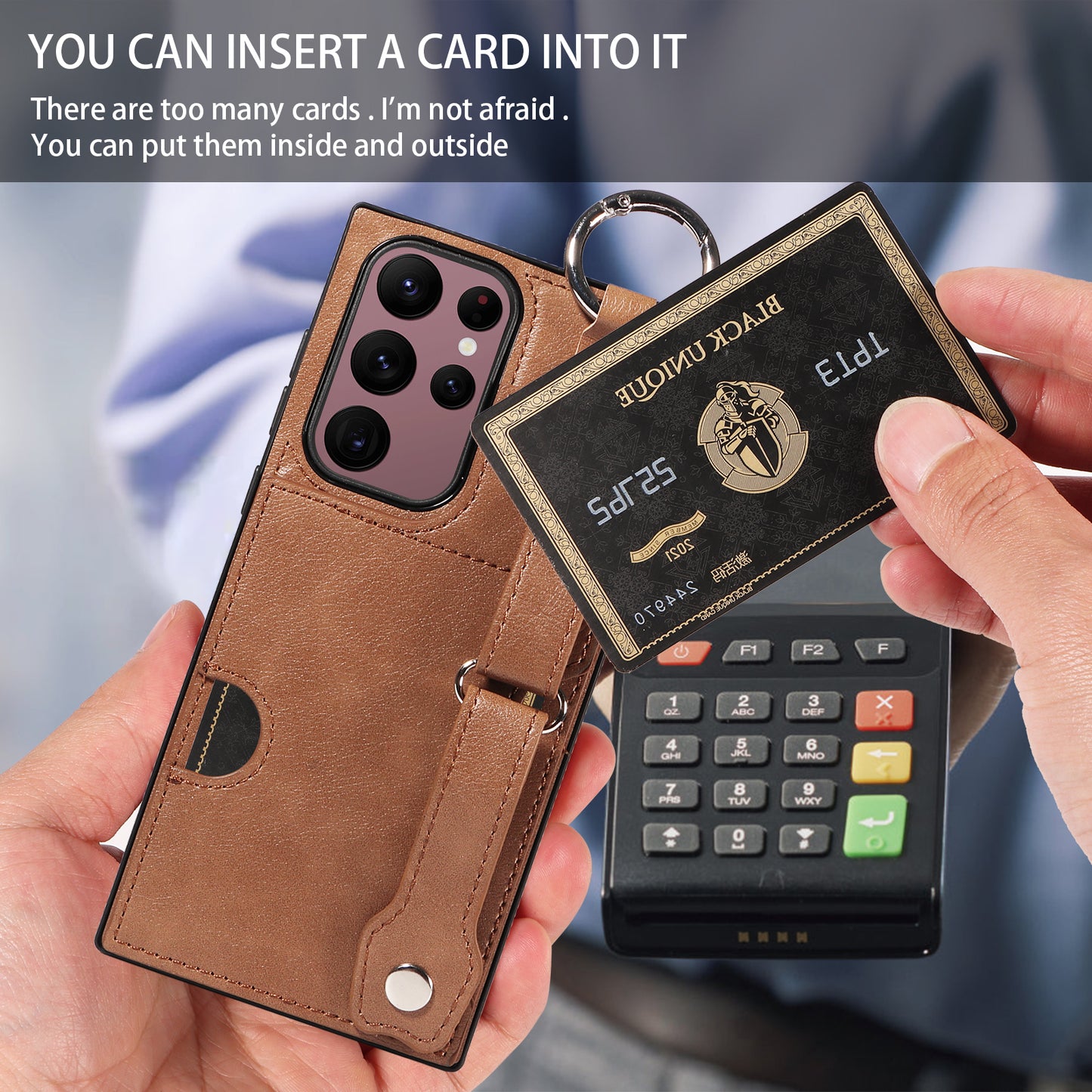 008 For Samsung Galaxy S22 Ultra 5G Case Anti-dust Leather+TPU Kickstand Phone Guard Cover - Brown