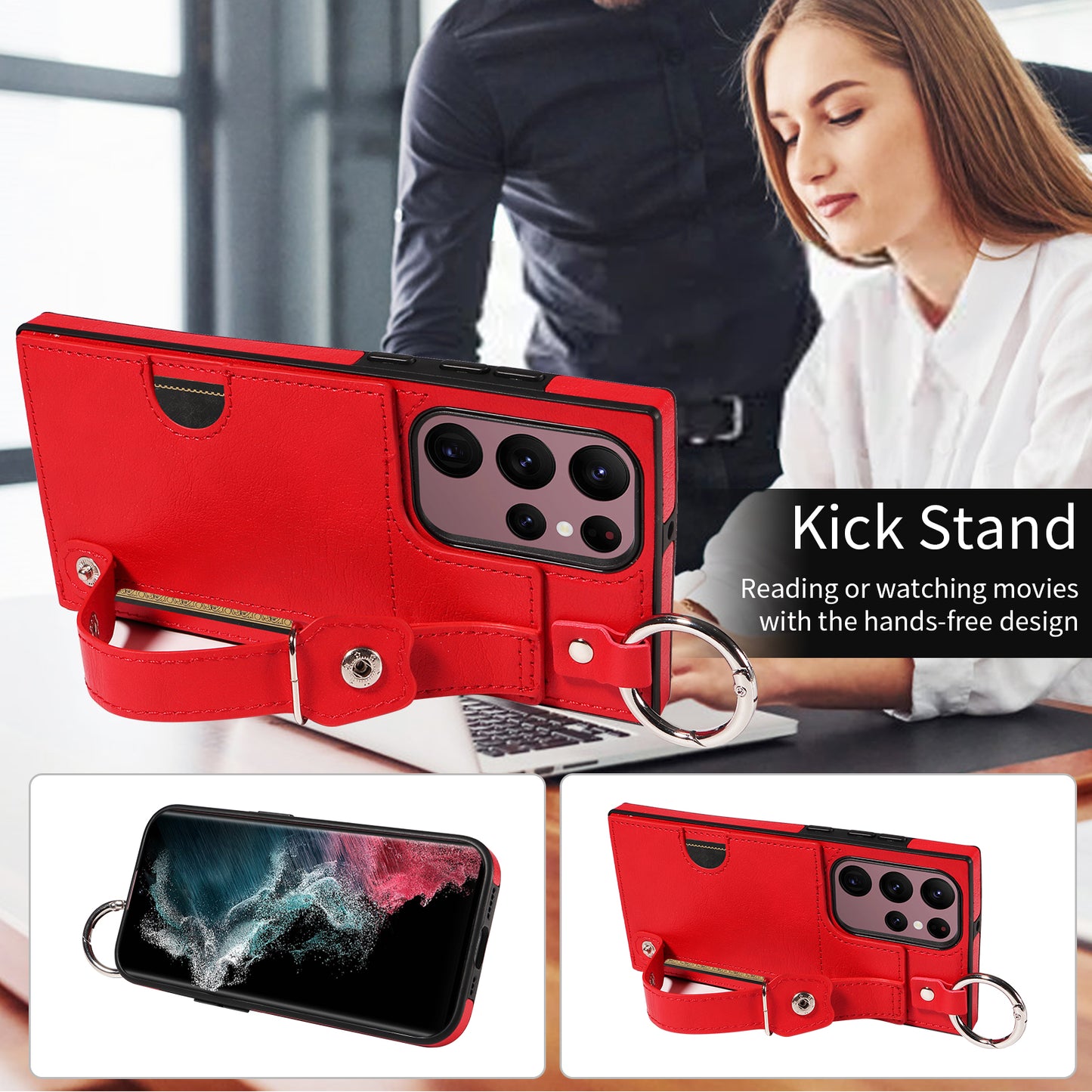 008 For Samsung Galaxy S22 Ultra 5G Case Anti-dust Leather+TPU Kickstand Phone Guard Cover - Red