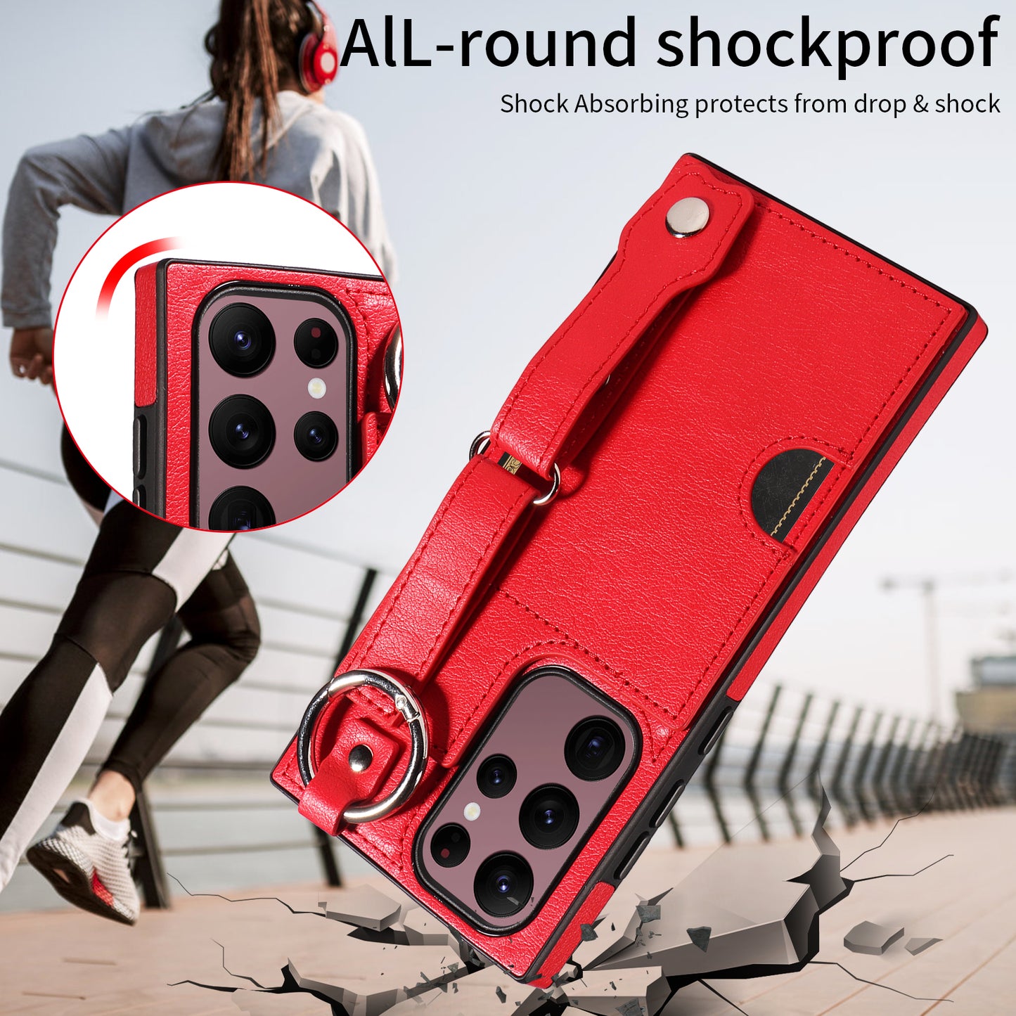 008 For Samsung Galaxy S22 Ultra 5G Case Anti-dust Leather+TPU Kickstand Phone Guard Cover - Red