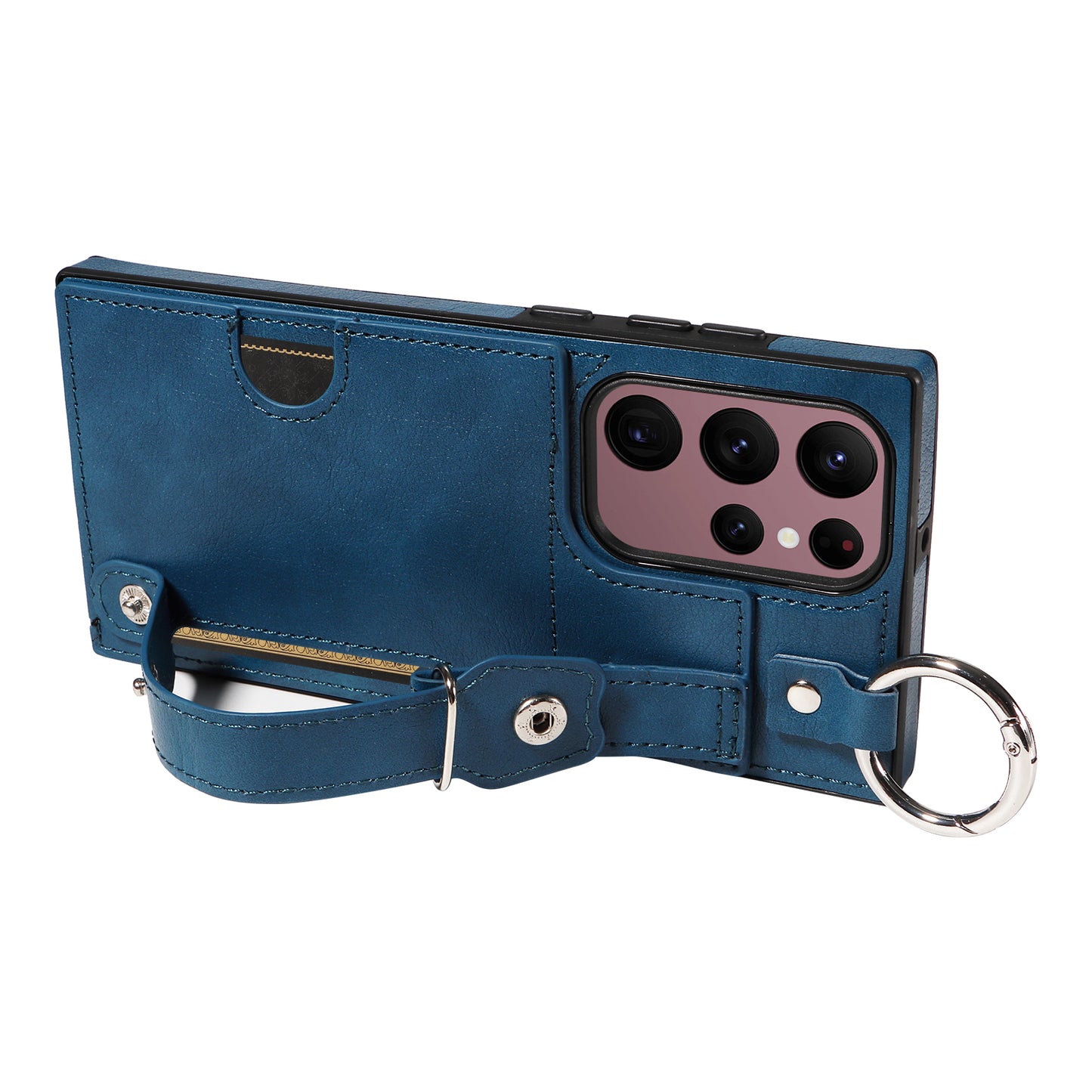 008 For Samsung Galaxy S22 Ultra 5G Case Anti-dust Leather+TPU Kickstand Phone Guard Cover - Blue