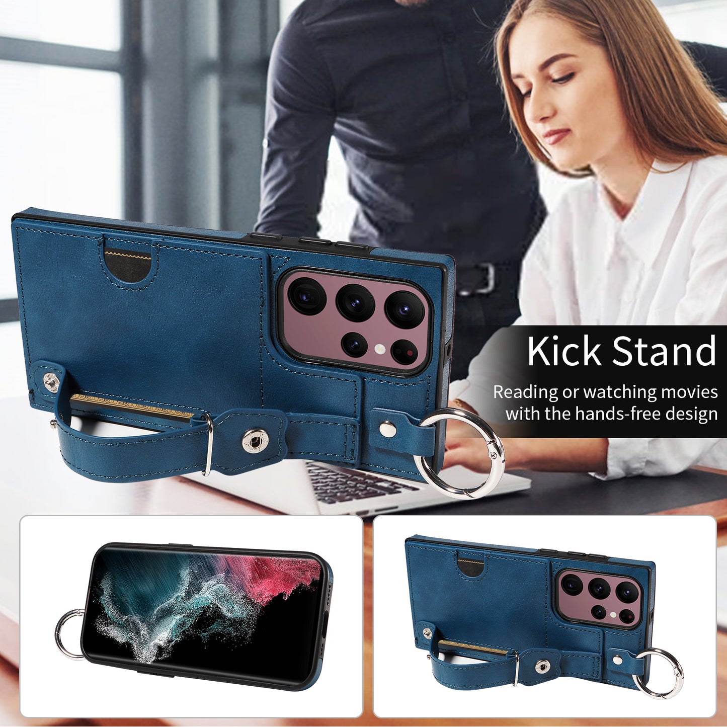 008 For Samsung Galaxy S22 Ultra 5G Case Anti-dust Leather+TPU Kickstand Phone Guard Cover - Blue