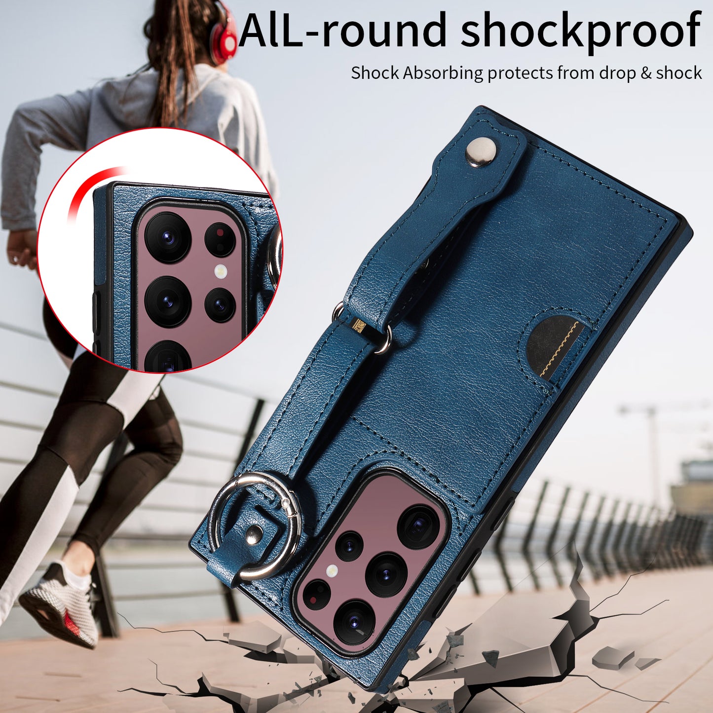 008 For Samsung Galaxy S22 Ultra 5G Case Anti-dust Leather+TPU Kickstand Phone Guard Cover - Blue